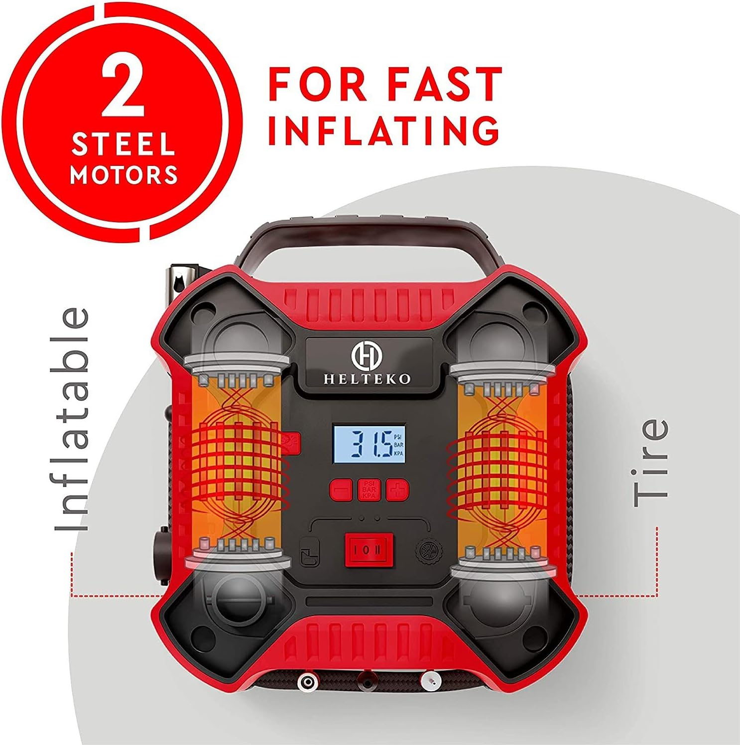 Helteko Air Compressor Tire Inflator - DC 12V Tire Pump for Car Tires with Dual Motors and LED Light - Digital Auto Air Pump with Carrying Case – Portable Air Compressor for Car, Bicycle, Inflatables