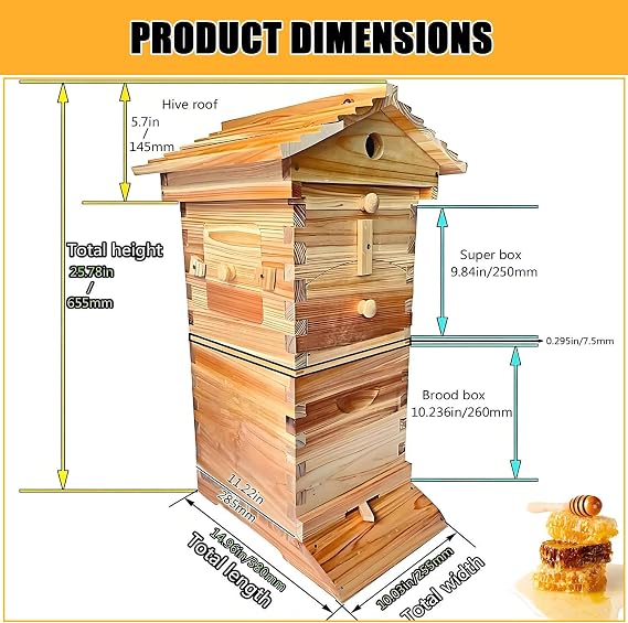 Beehive Starter Kit,Self-Flowing Wooden Bee Box,with Observation Window and Honey Spout,Self-Flow Hive Beehive Starter Kit,for Beekeeping,Garden Pollinators