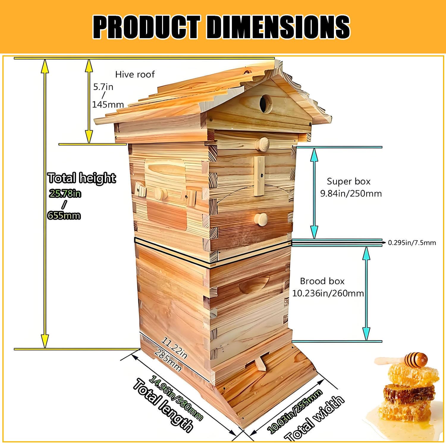 Bienenstock Starter Kit mit selbstfließender Holzbox, Beobachtungsfenster und Honigauslauf für Imkerei und Gartenbestäubung, ideal für Anfänger