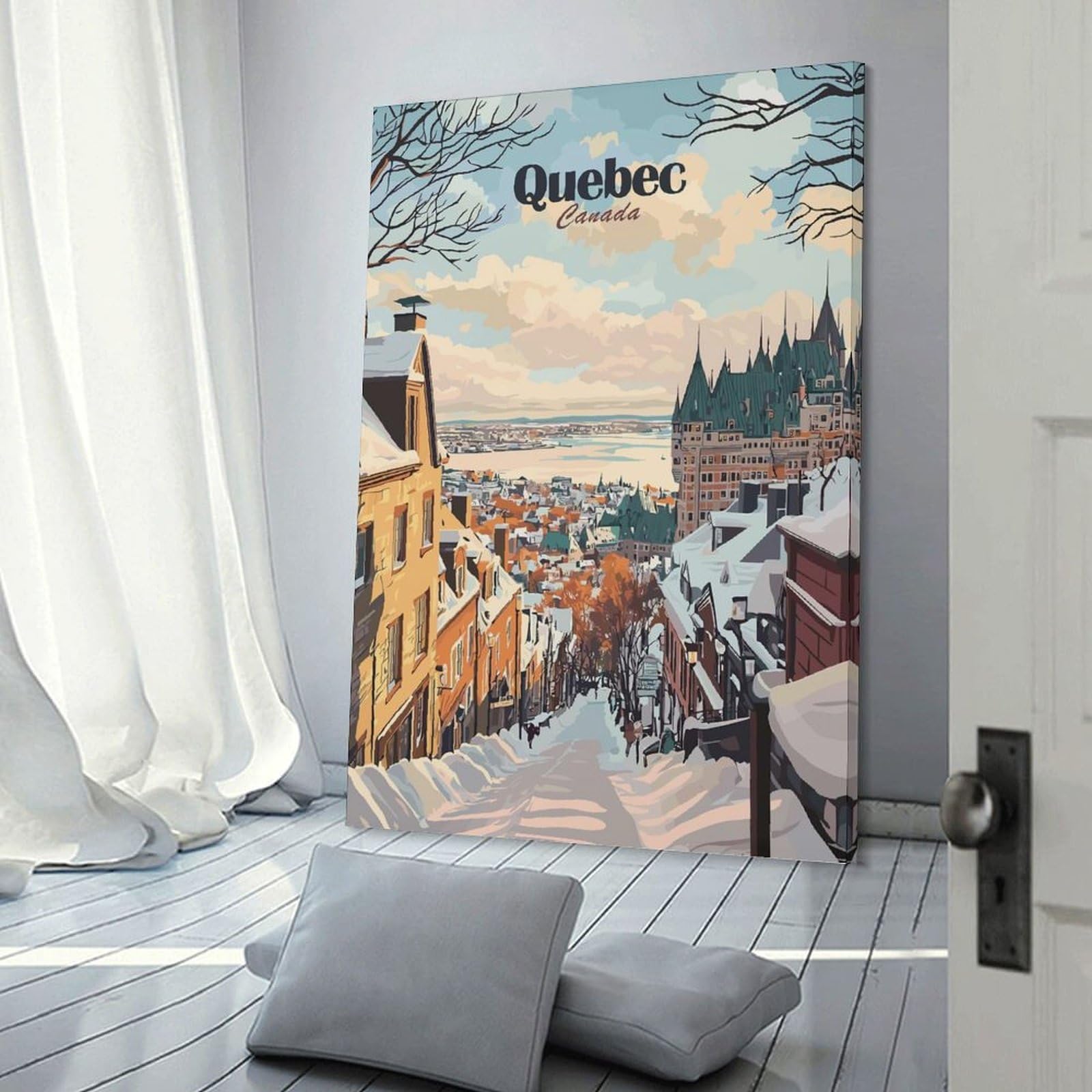Junmoney Quebec City Winter View Canvas Wall Decor 24x36inch(60x90cm), for Corridors, Hallways Or Apartment Entries, A Stylish Accent for Home Entrances
