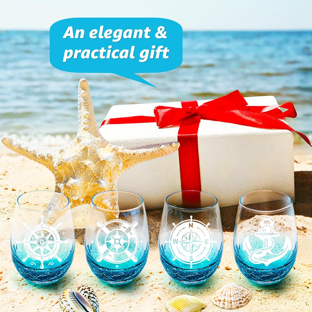 Weingläser mit maritimem Thema, ohne Stiel, 530 ml, Vatertags-Weingläser, Bootsgeschenke, handgefertigt, Crackle Teal, nautisches Geschenk für Männer, Segler und Bootsbegeisterte, 4 Stück