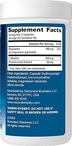 Miniatura 4 de Natural Vitality Calm Cápsulas para aliviar el estado de ánimo y el estrés, suplemento de glicinato de magnesio, 120 cápsulas