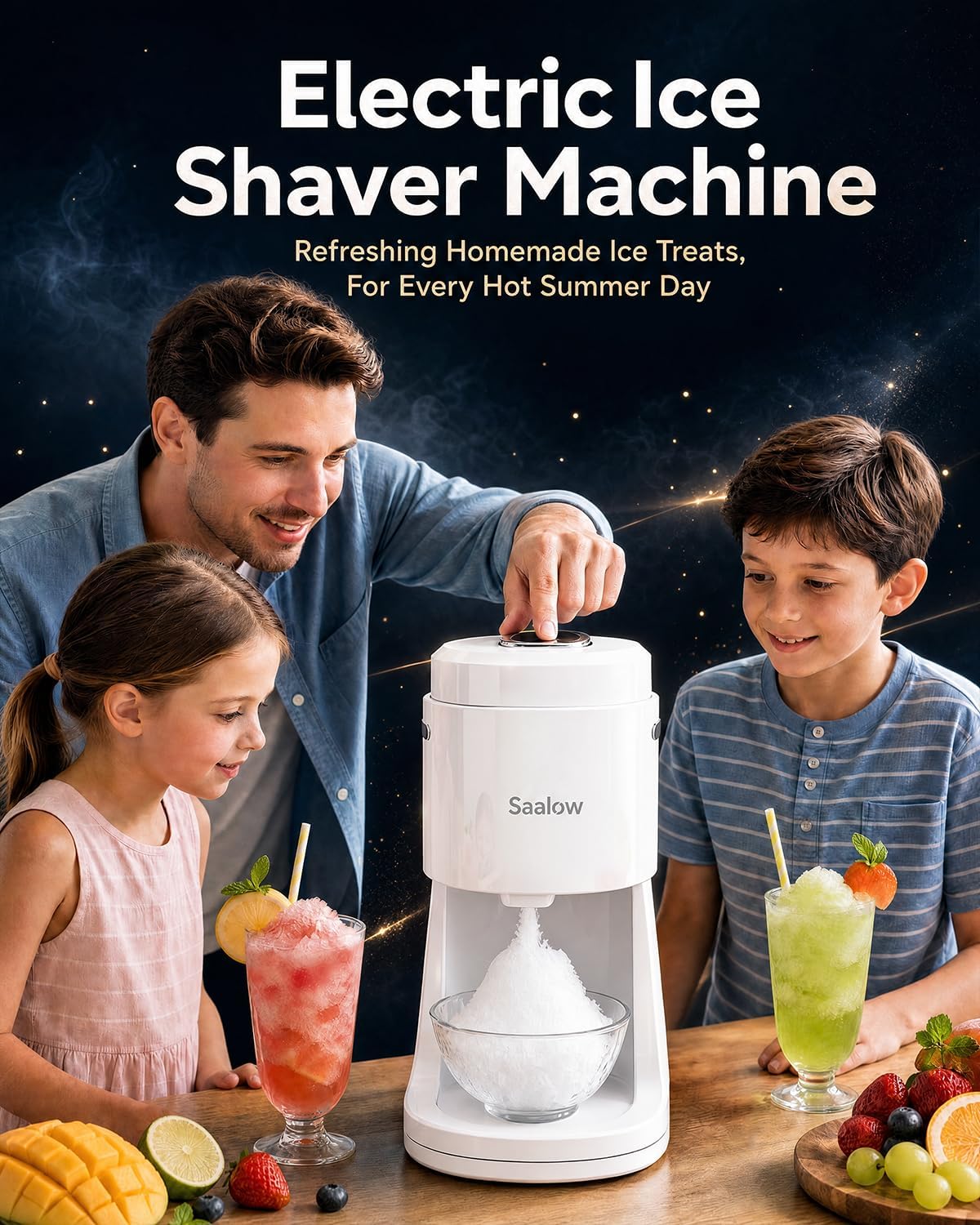Electric Shaved Ice Machine, Professional Snow Cone Maker with Adjustable Thickness Settings, High-Efficiency 135W Motor, Portable Ice Crusher for Fluffy Ice & Slushies, Includes 2 Ice Molds