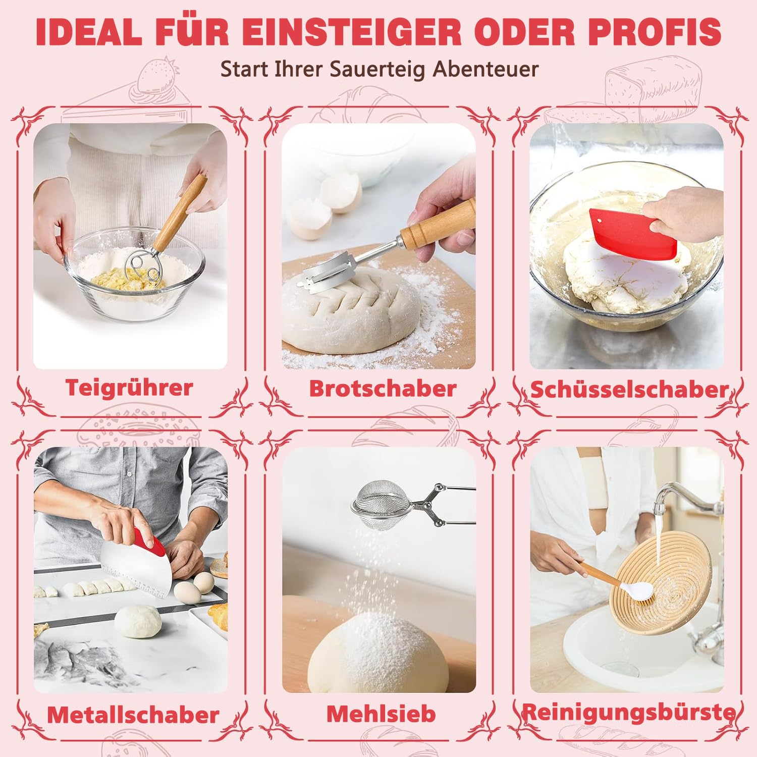 Sauerteig Starter Set, Gärkorb Brot Set mit 2 Gärkörbchen (23cm Runde & 25cm Ovale), Rattan, 1000ml Glasgefäß zur Sauerteiggärung, inkl. Teigschaber, Leineneinsatz, Brotschaber & mehr