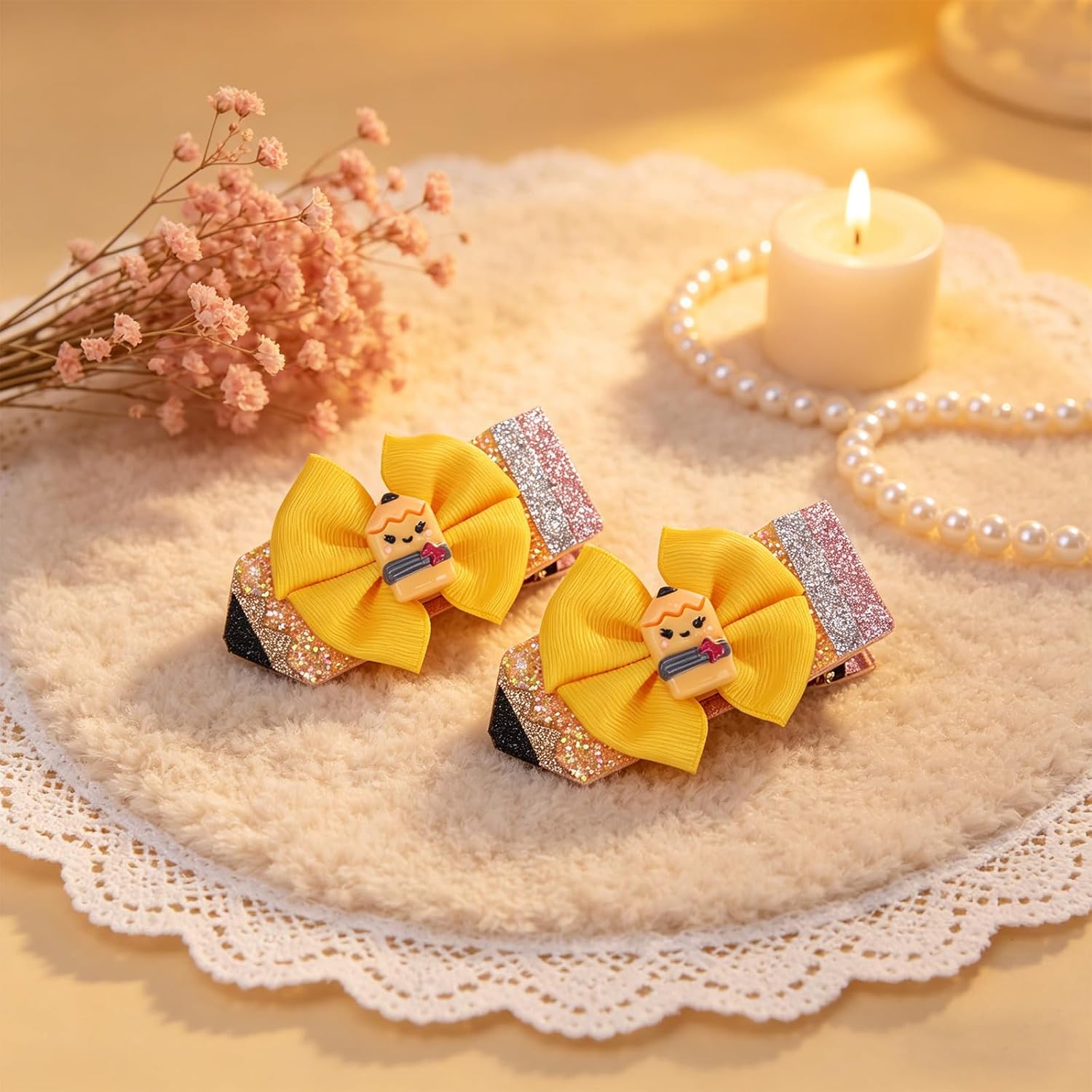 2 Pcs Pencil Hair Bows Girls Back To School Accessories Yellow Ribbon Clips Glitter Barrettes Student Party Favors image 5