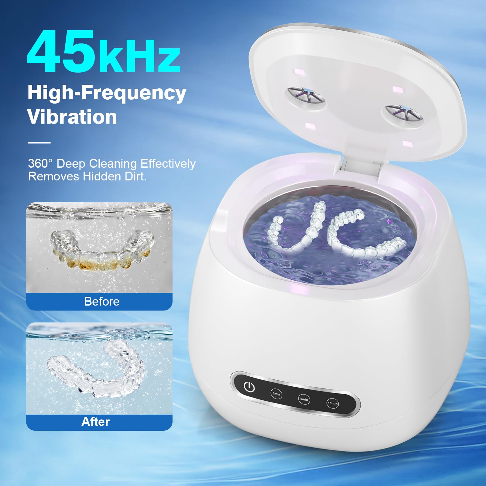 Máquina limpiadora ultrasónica recargable, 45 kHz, cápsula de limpieza dental portátil para dentaduras postizas, protectores nocturnos, aparatos ortopédicos, alineador, cepillo de dientes, joyas, 3