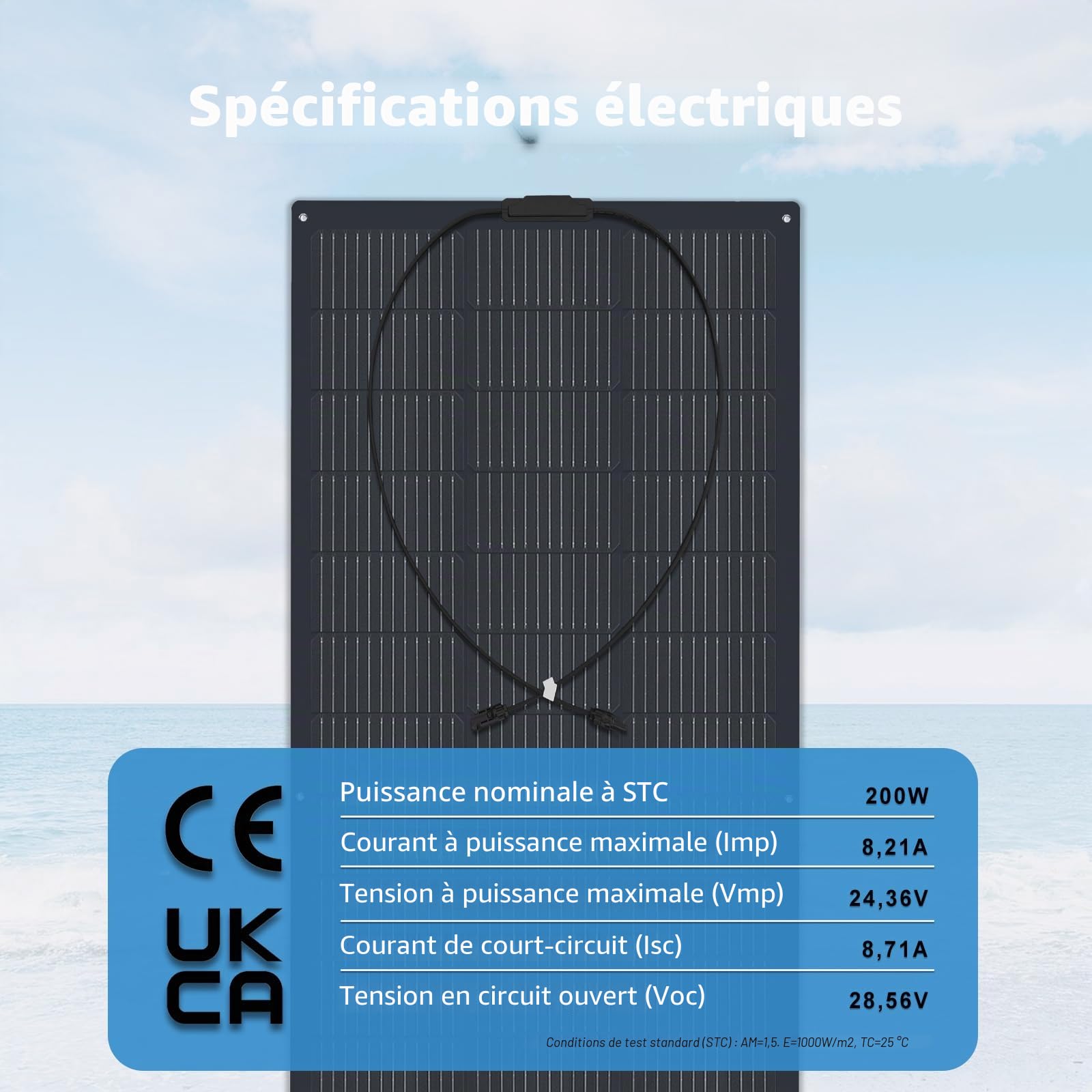 Panneau Solaire Flexible 200W Modules Solaires Panneau Photovoltaïque Monocristallin Réseau pour Camping-car, Caravane, Bateaux, Toits, Camping, Bateaux,Noir