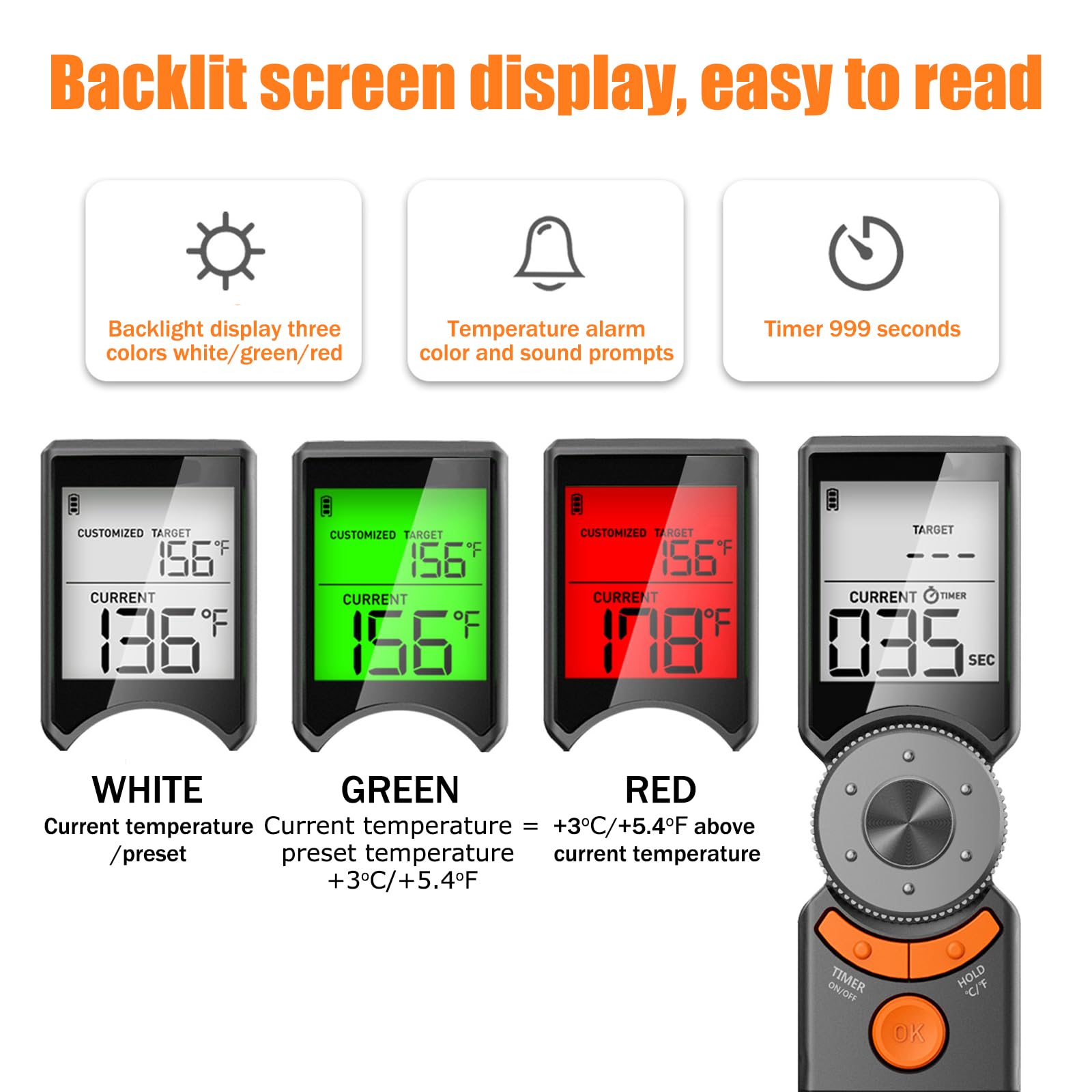 OBEST Termometro Cucina,Intelligente Termometro Barbecue Avviso di Alta Temperatura con Timer,Sonda Pieghevole,Display Retroilluminato a Tre Colori,Termometri Per Alimenti Carne per Forno, Grigliate