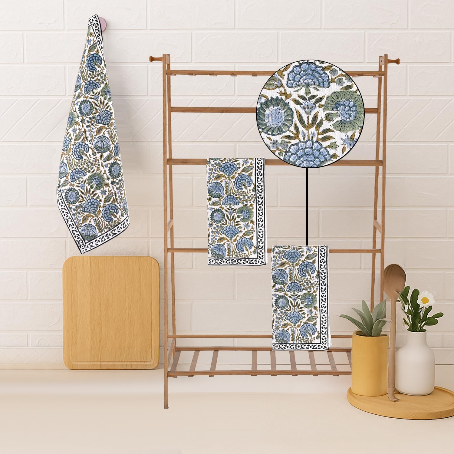 Ridhi Asparagus Green Hand Block Print Waffle Kitchen Towel Set of 3-16 x28 Ultra Absorbent Quick Dry 100% Cotton Waffle Dish Towels Lightweight Reusable Sustainable Tea Towels for Cleaning and Drying