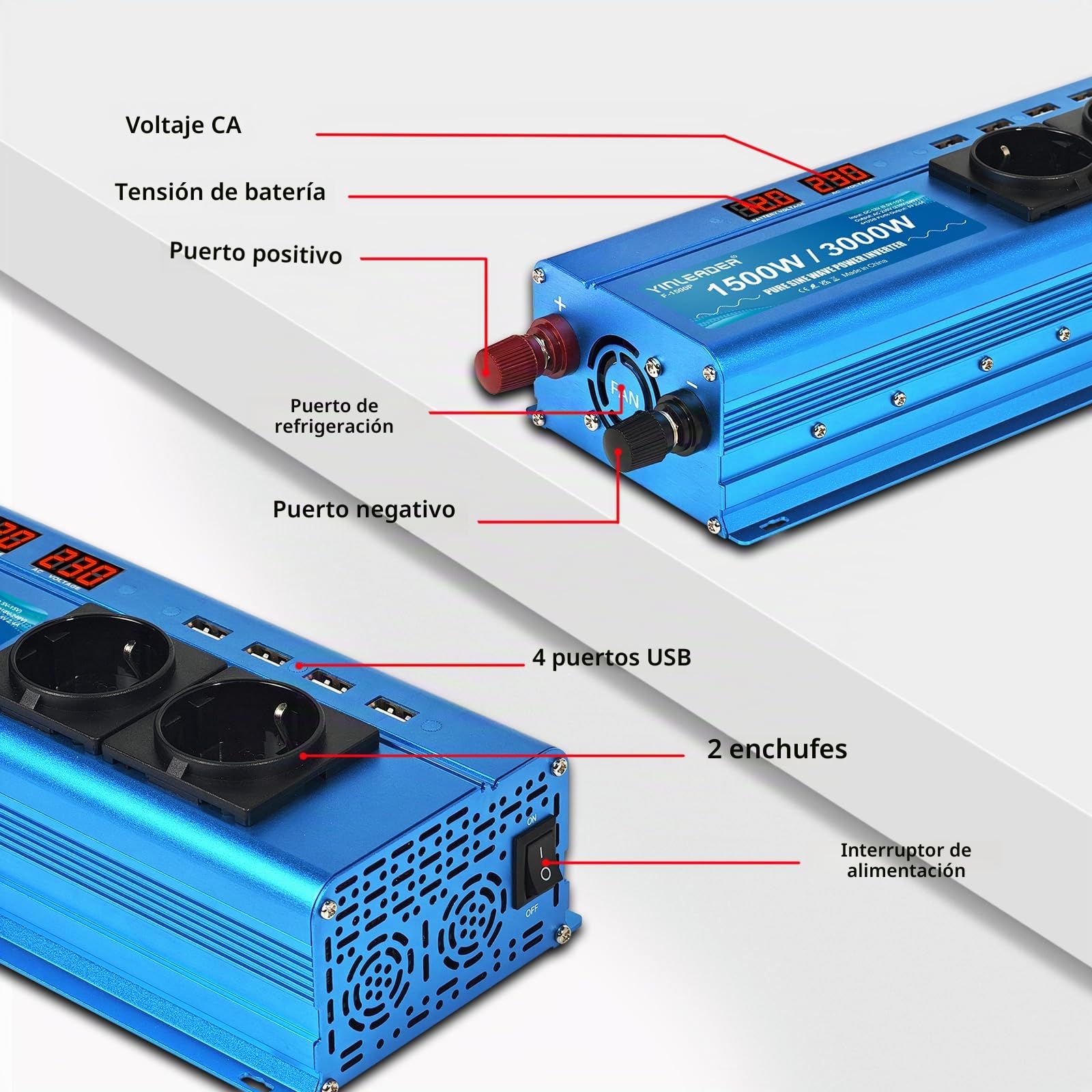 Yinleader Inversor de Corriente 12V 230V 1500W / 3000W 2 LED | 2 enchufes 4 USB