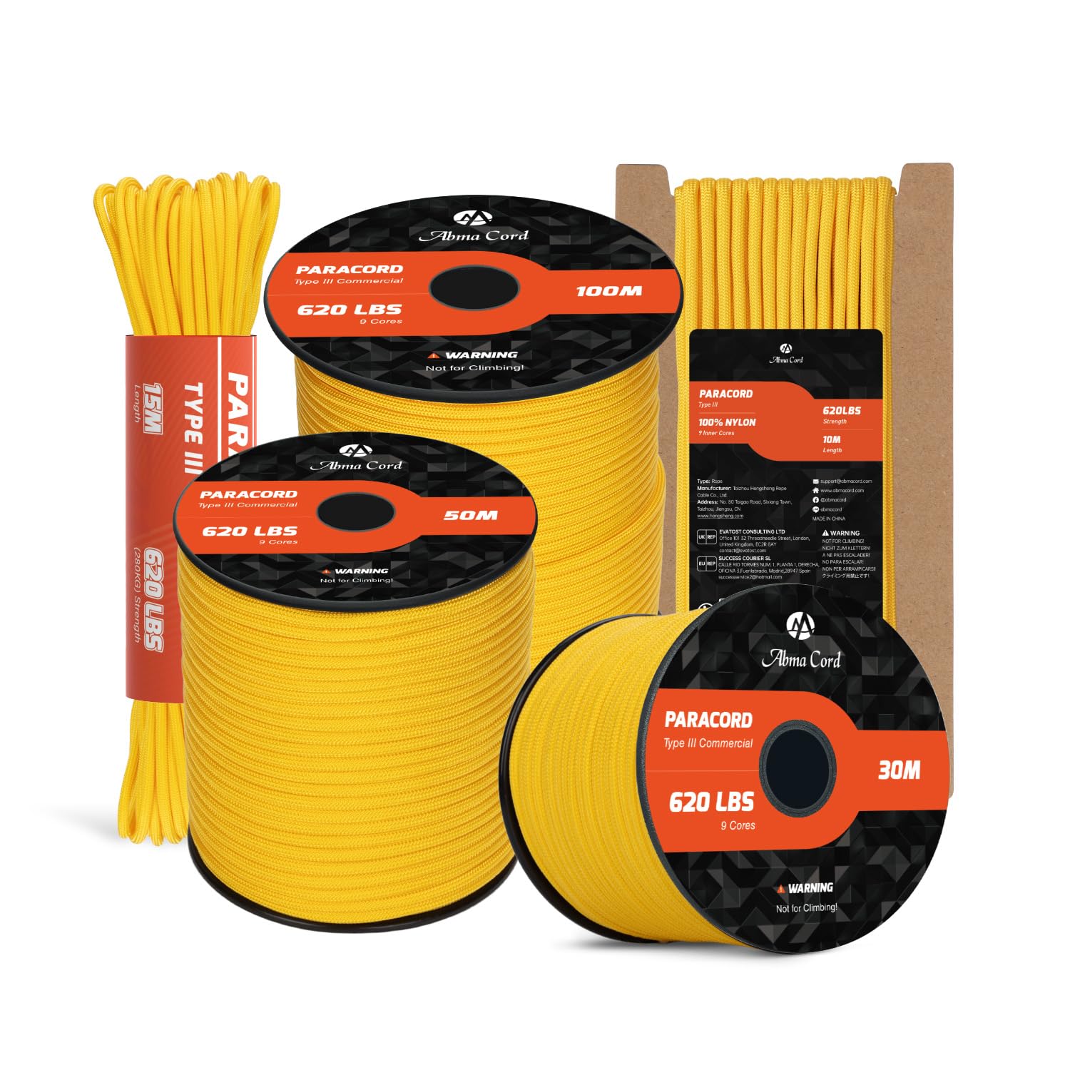Abma Cord Golden Yellow Paracord 4Mm 10M 100% Nylon Rope 9 Strands Type Iii Parachute Cord For Diy, Camping, Survival, Outdoor - Max. 280Kg