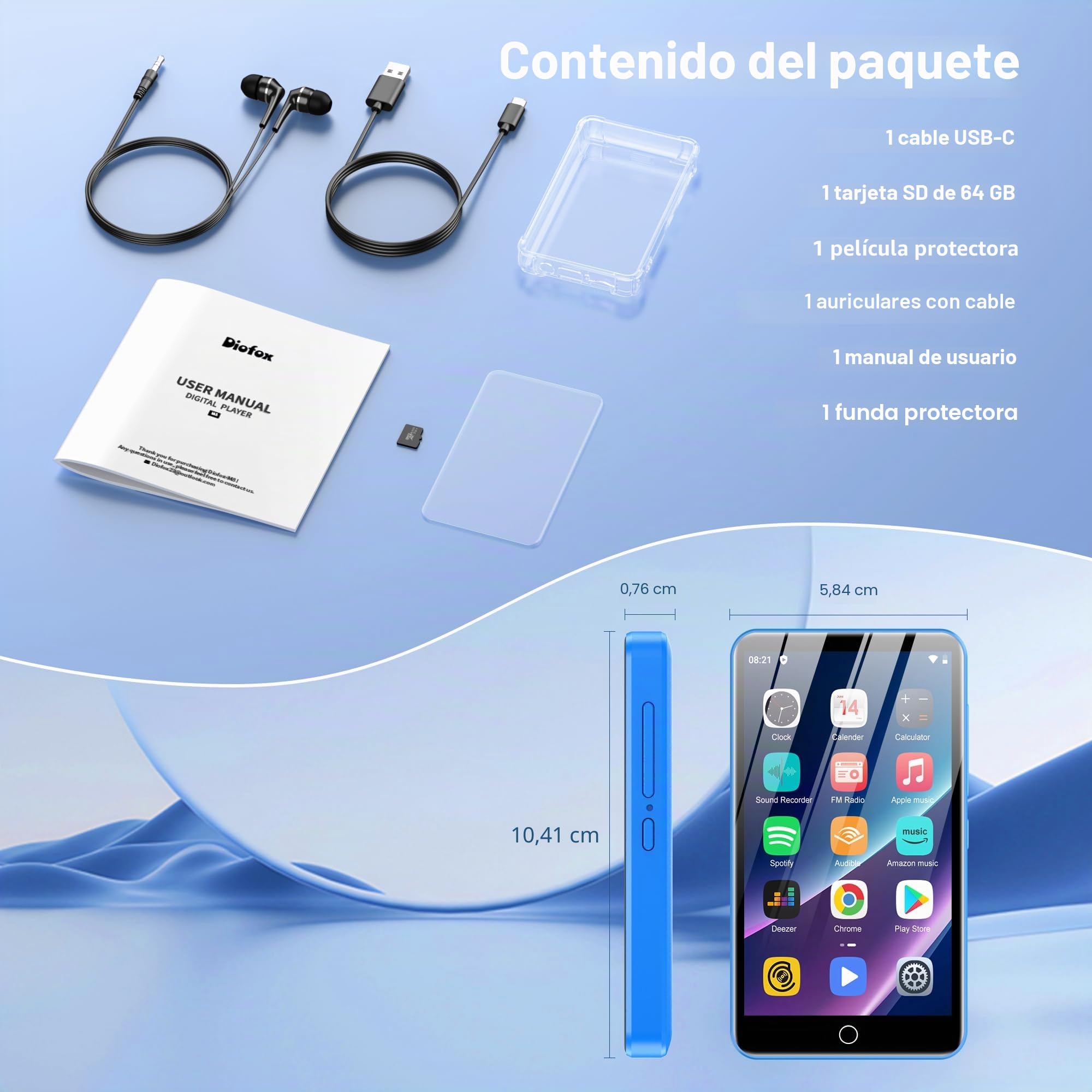Reproductor MP3 Diofox de 80GB con Bluetooth y Wi-Fi, Reproductor MP3 Android Spotify, Amazon Music, Audible, Pantalla Táctil de 4 Pulgadas, Música en Streaming, Play Store, Radio FM, Deezer - Azul