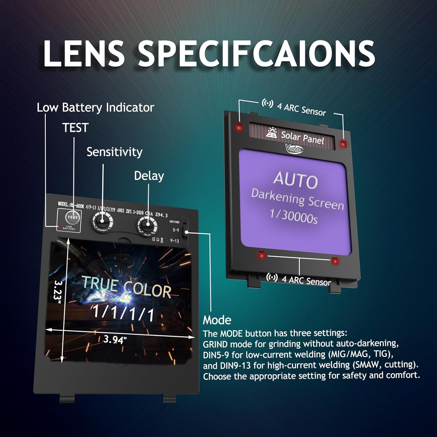 Welding Helmet Auto Darkening Welding Hood 1/1/1/1 Optical Clarity,Large Viewing Screen,True Color Solar Powered,4 Arc Sensor Wide Shade 4/5-9/9-13 Welding Mask with for TIG MIG ARC - Image 8