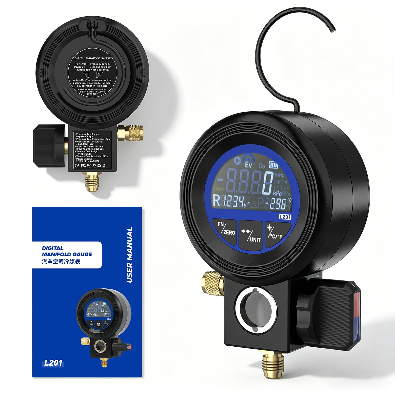 Digitales Manometer für Klimaanlage, misst Druck Vakuum und Lecks, Kältemittelbefüllung, kompatibel mit 24 Kältemittelarten R32 R1234yf R134a, ±0,5% FS Genauigkeit, digitales Vakuummessgerät