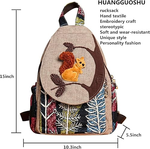 Vista 100 de HUANGGUOSHU Mujer de algodón tejido bohemio cáñamo Boho lona bordado múltiples bolsillos retro linda mochila cartera mochila mochila gato caprichoso