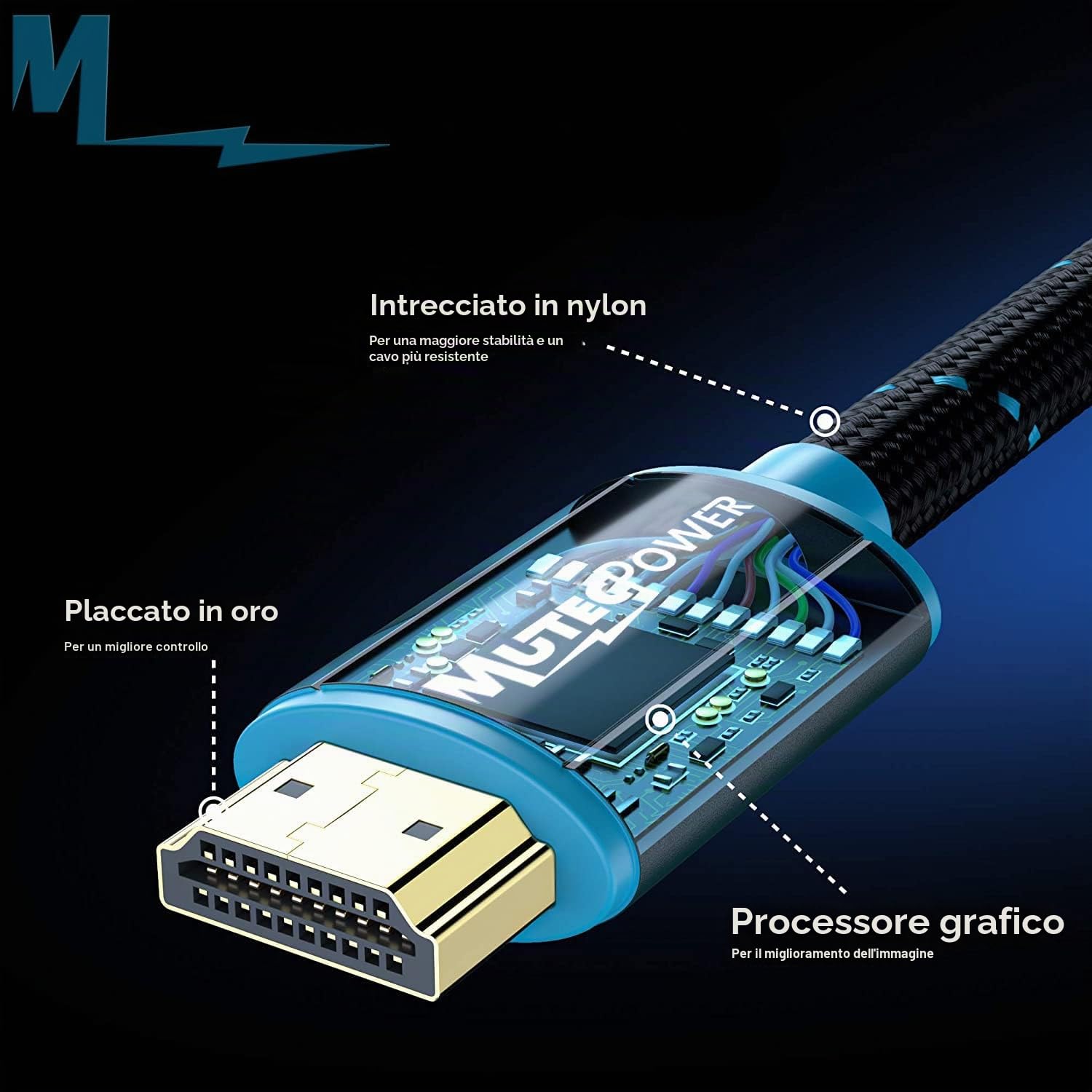 MutecPower 10 metri Cavo 8K HDMI 2.1V ad altissima velocità 48Gbps 8K@60Hz & 18Gbps 4K@120Hz con HDR, VRR e eARC - 26 AWG omologato UL Cavo maschio a maschio da 10m Blu/Nero intrecciato