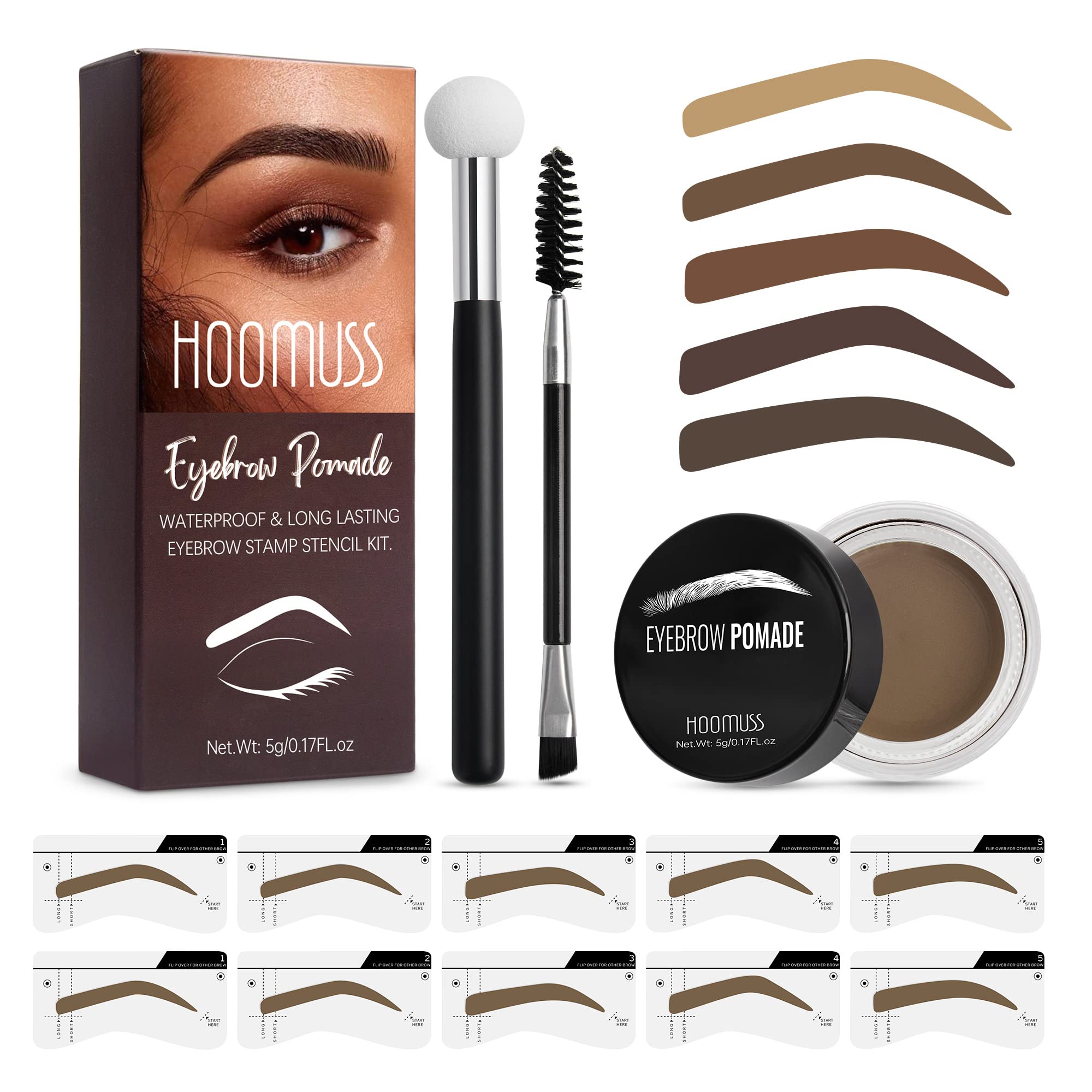 Eyebrow Stamp Stencil Kit, Brow Stamp Trio Kit with Pomade, 10 Eyebrow Stencils, Dual-ended Eyebrow Brush and Sponge Applicator (Light Brown-B)