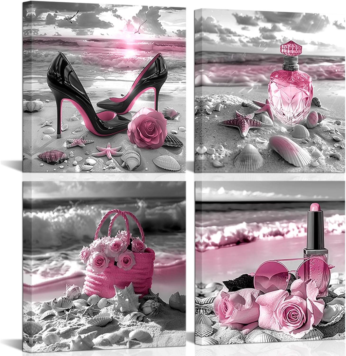 NAIMOER 4 Pack Pink Black Fashion Paint by Numbers Kits for Adults with Frame, DIY Beach Paint by Numbers for Beginners, Painting by Numbers on Canvas Gifts for Home Decor 20x20cm