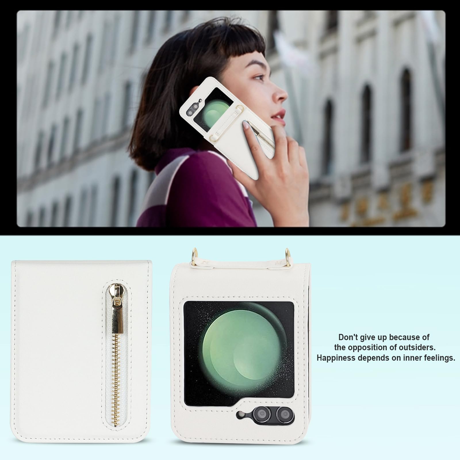 Skórzane etui do Samsung Galaxy Z Flip 6, crossbody w górę i w dół etui z klapką na zamek błyskawiczny etui na telefon z przegródką na karty, podpórka, odporne na wstrząsy, białe