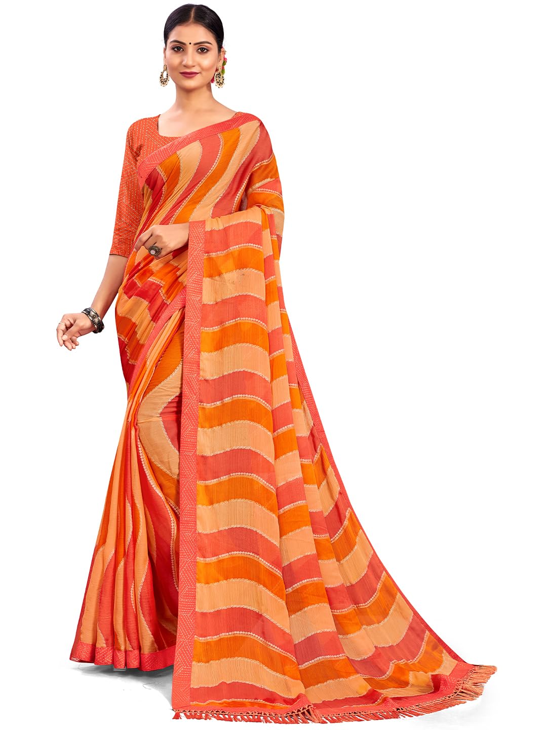Women's Chiffon Lehriya Print Saree With Unstitched Blouse Piece-picture-14