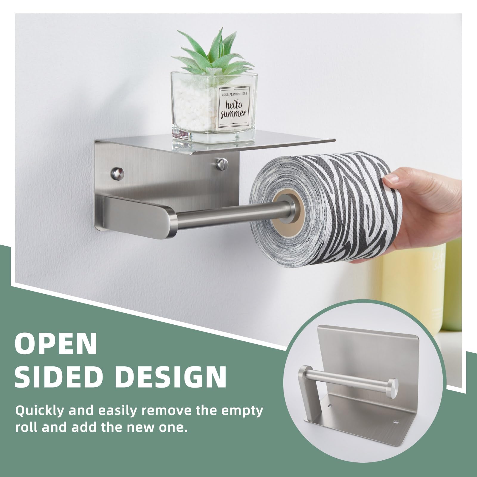 Soporte de papel higiénico de níquel cepillado, soporte de rollo de papel higiénico de acero inoxidable SUS 304 con estante, montado en la pared 6