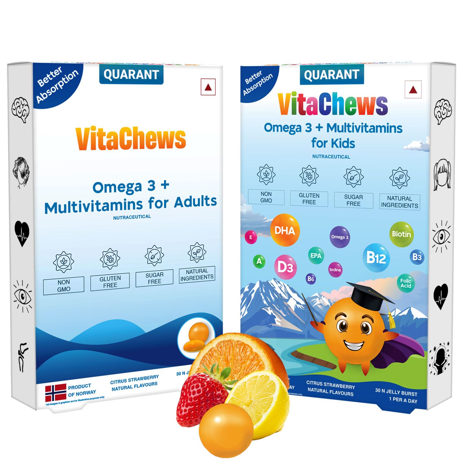 QUARANT VitaChews Omega 3 + Multivitamin Adults & Kids Combo, Fish Oil, Biotin, Vitamin B12 D3 E B3 B6 A C, Iodine & Folic Acid for Overall Health, Citrus Strawberry Flavor, 60 Sugar Free Jelly Chews (B0CDM42MK4) Amazon Price History, Amazon Price Tracker
