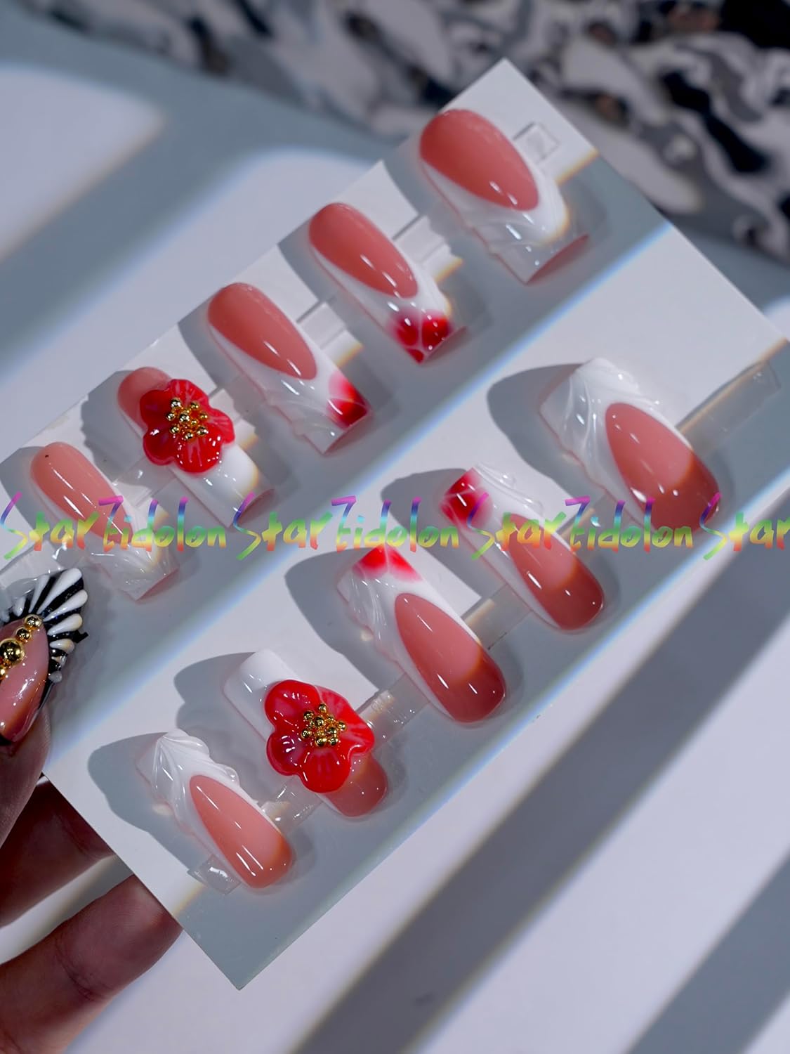 HAND-PAINTED Purple False Nails Set Coffin Press on Nails Pressons Kit Medium Length Stick on Nails Shoot Nail Art Short Nails with Nail Glue on Nails Square, Long Almond Nail (Medium, L9)