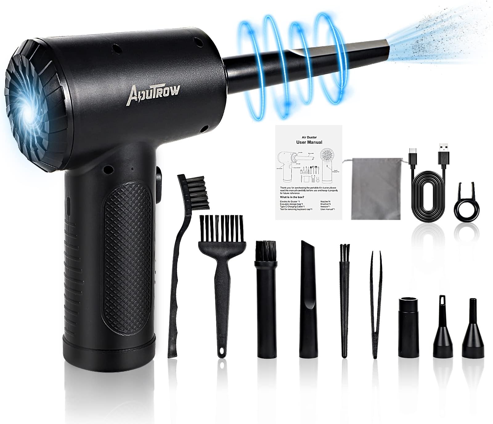 Electric Air Duster, Powerful Air Blower for Computer Car Cleaning Reusable Power 100000 RPM Motor, 3 Adjustable Speed Keyboard Cleaner Kit with 4 Nozzles & 4 Brushes