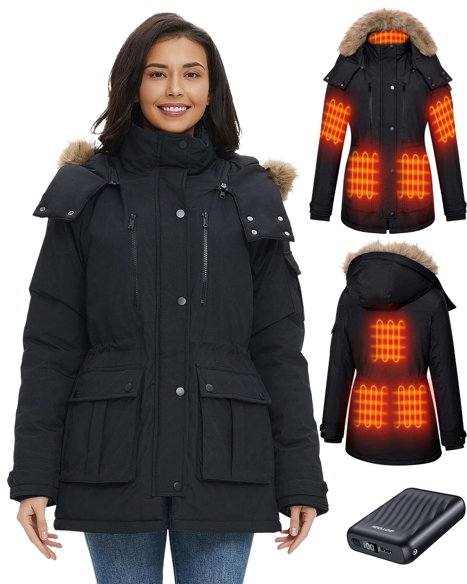 Veste Chauffante Femme Avec Batterie Incluse de 18400 Mah 12v, 8 Zones de Chauffage,Parka Longue Femme chaud et imperméable à capuche amovible en fausse fourrure