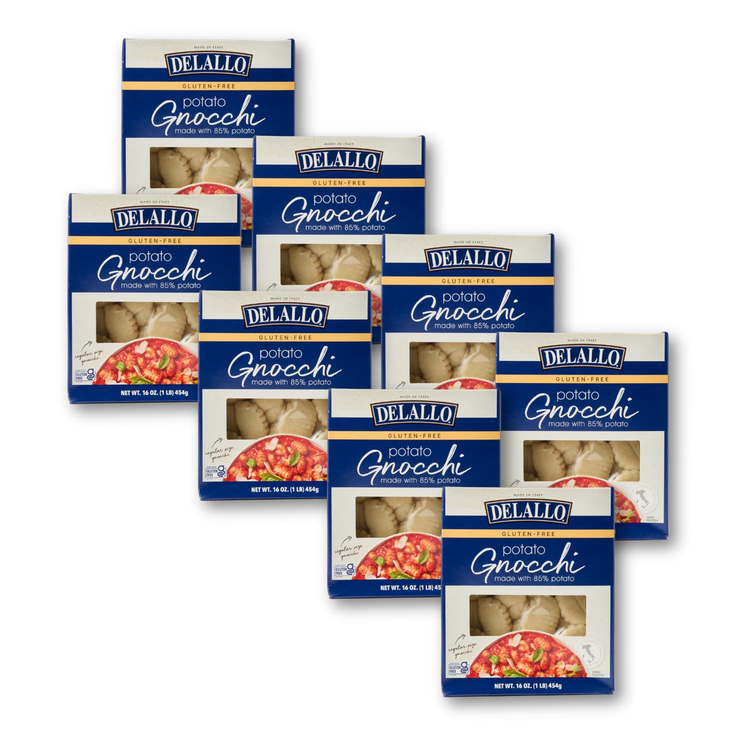 DeLallo Gluten Free Gnocchi Pasta, 16 Ounce Box, Non-GMO, Made with Potato and Rice Flour, Vegan (8 Pack)