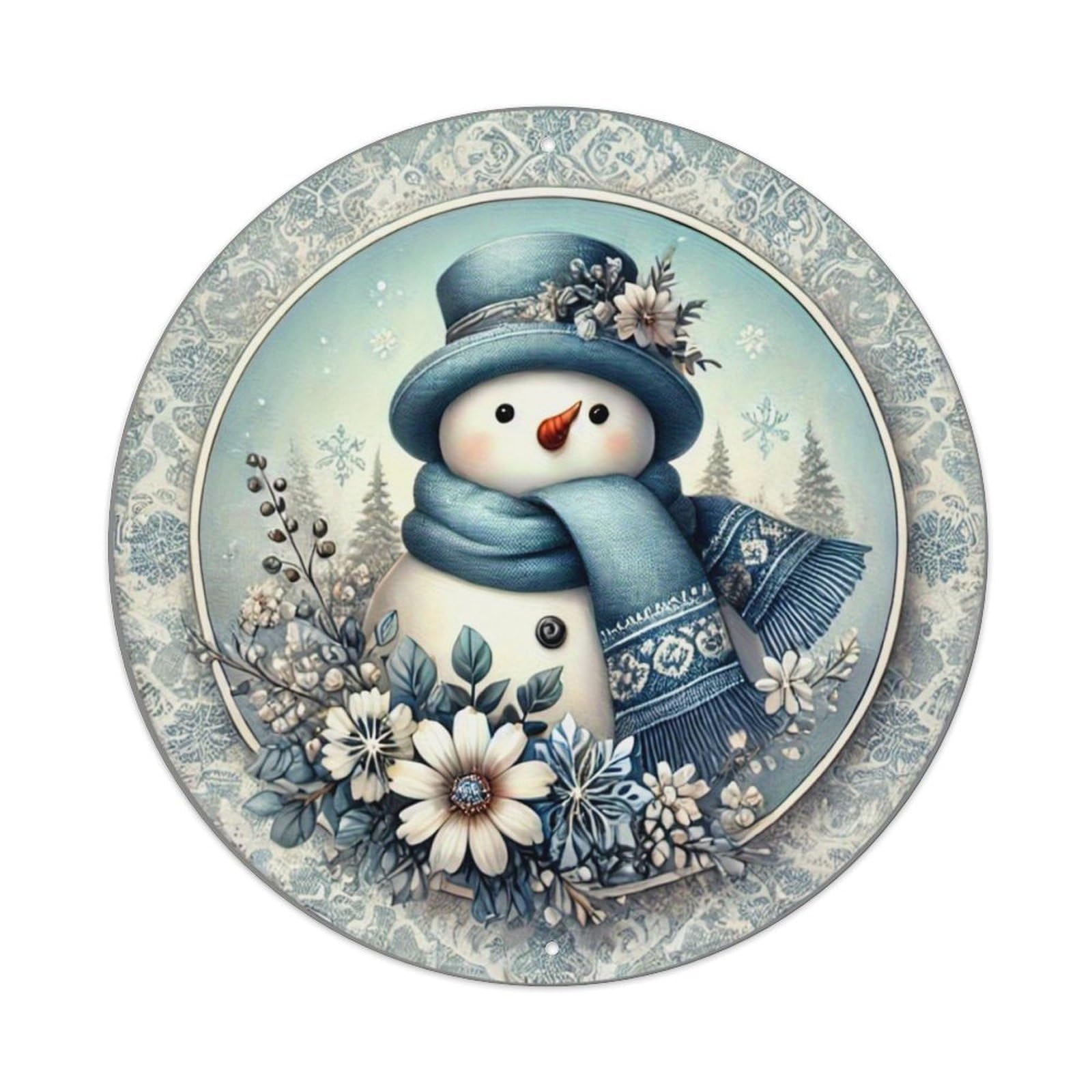 Snowman Winter Floral Pattern Print Vintage Metal Tin Sign Retro Wall Decor for Home Bar Garage Cafe, Indoor & Outdoor Decorative，circle Metal Poster, 8x8 Inch