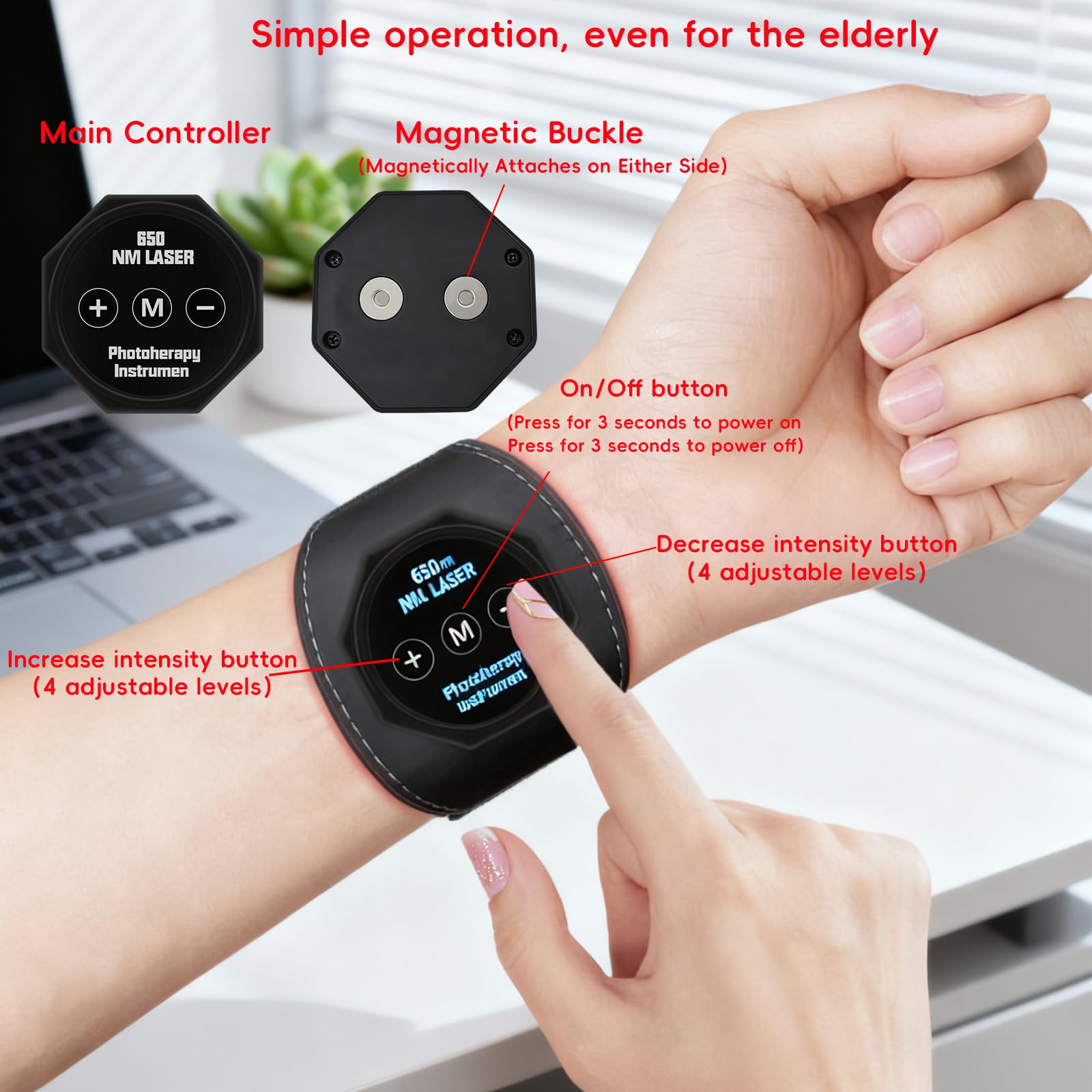 Terapia de luz roja para muñeca de mano, pulsera de luz visible de 650 nm con ajuste de 4 niveles, diseño portátil para padres mayores para aliviar la tensión muscular y el cuidado de las manos, uso