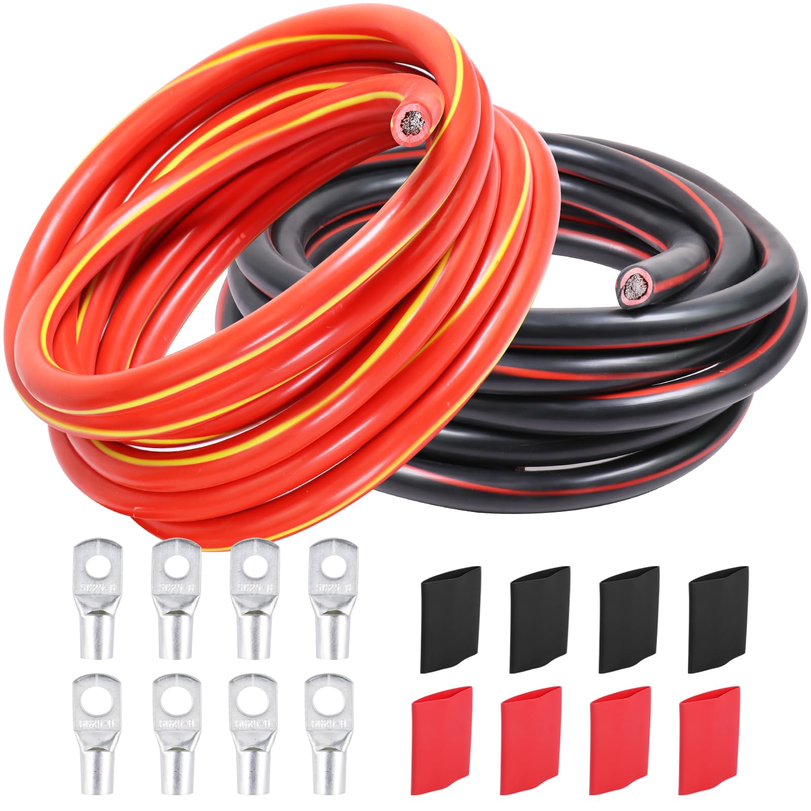 SUNNAREPOON 6 Gauge Battery Wire Kit (20 Feet Black & 20 Feet Red) - 6 AWG Automotive Welding Power Cable with SC Cable Lugs and Shrinkable Tubings,
