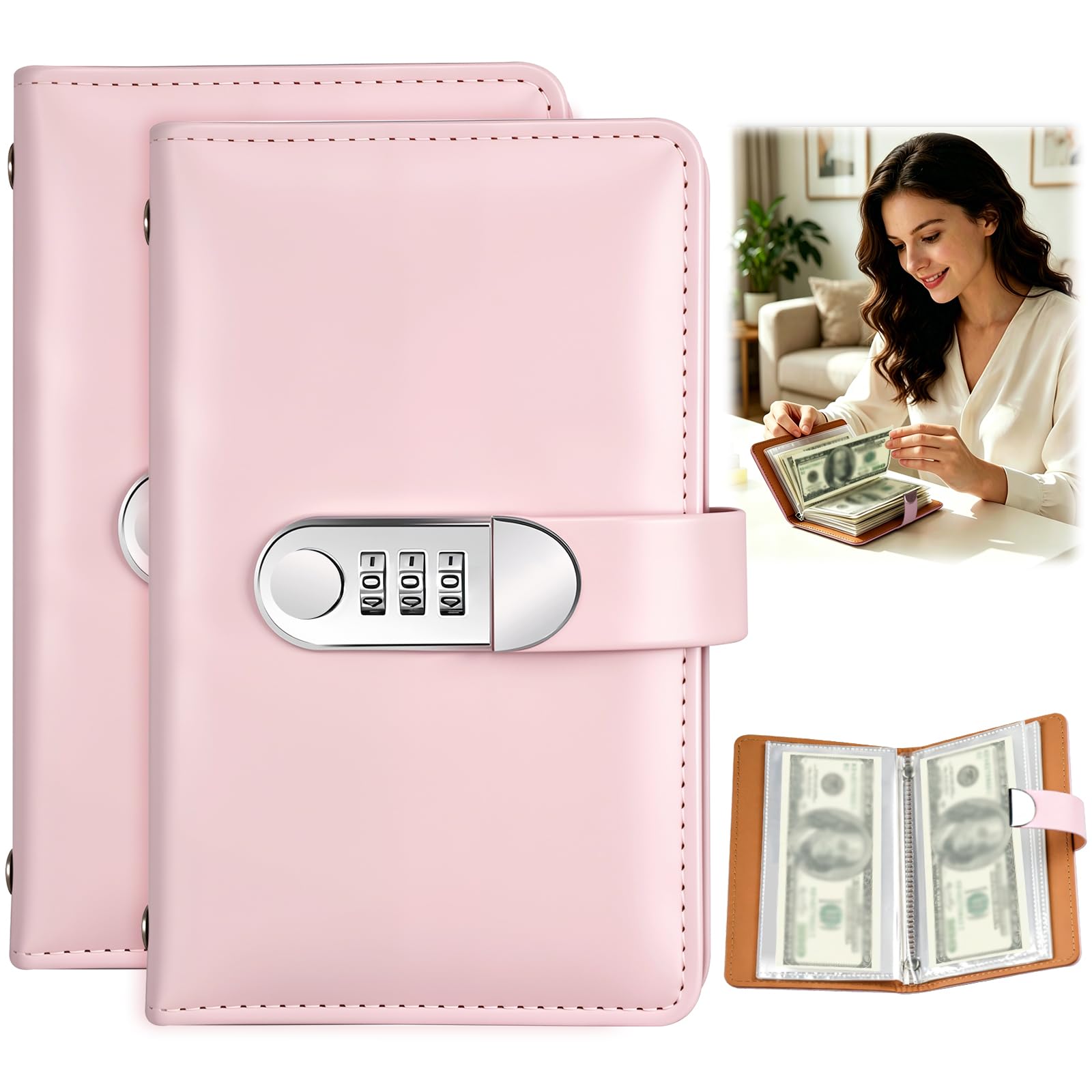 2 Pcs 100 Envelope Challenge Binder with Lock, Cash Saving Wallet (Pink)