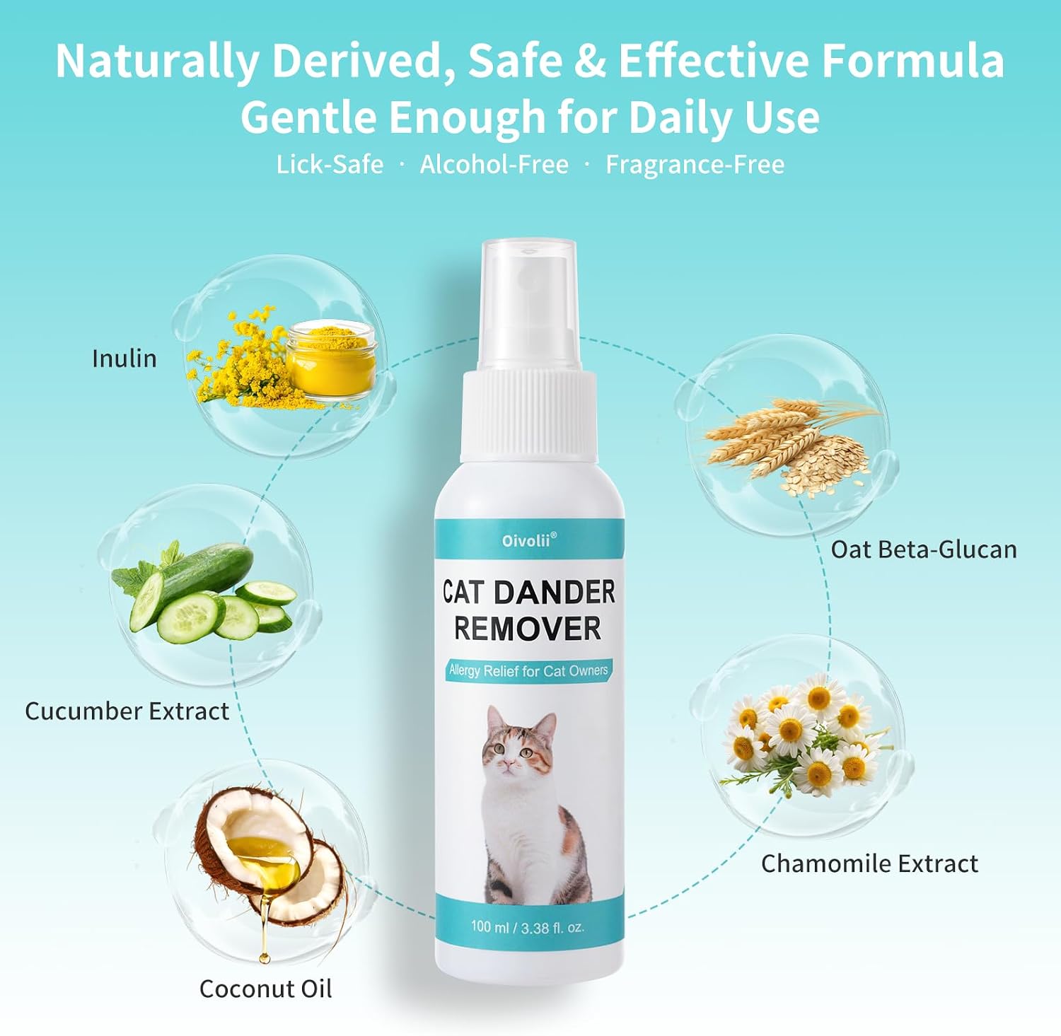 Cat Dander Remover Spray – Natural & Safe Allergy Relief for Cats & Humans, Relieves Itchy Skin & Reduces Dander – Includes 2 Spray Heads & Cleaning Cloth