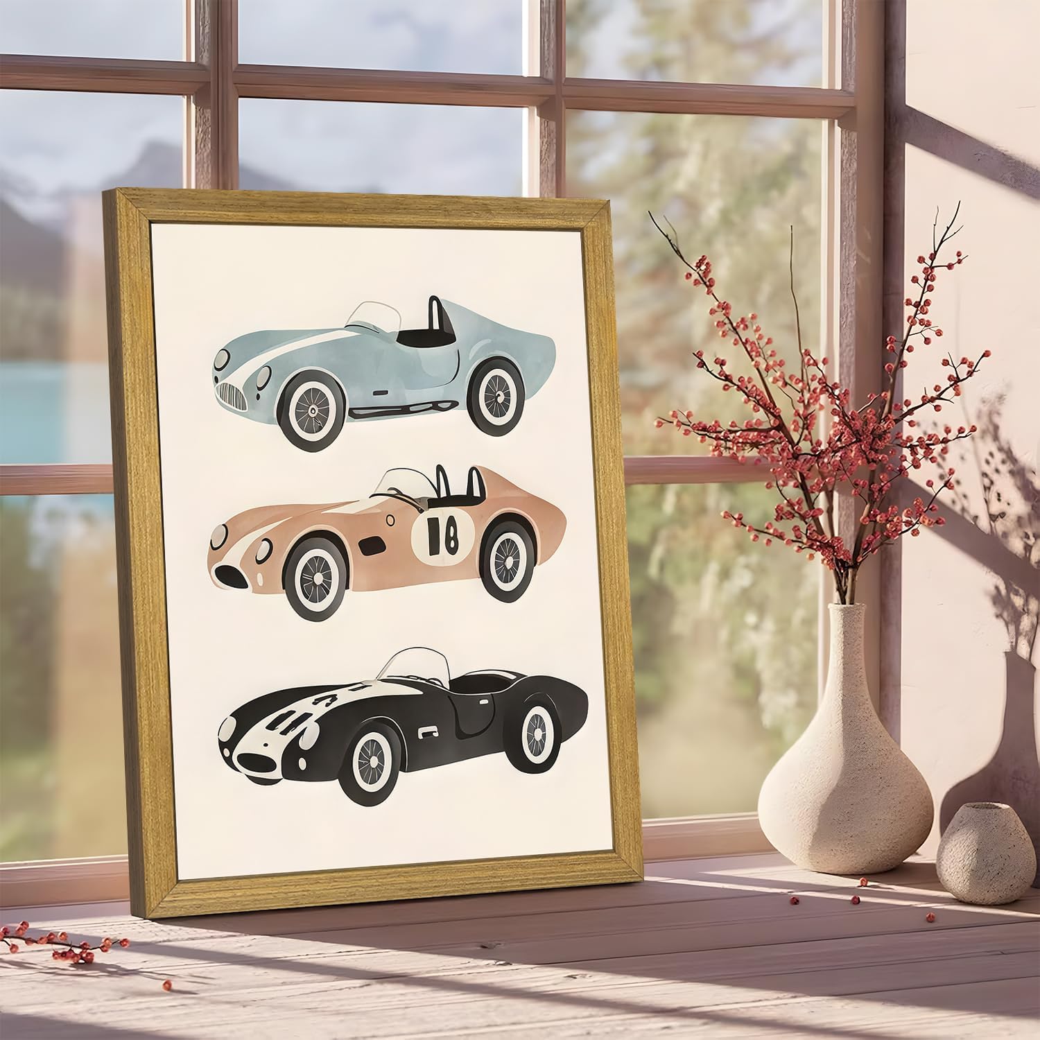 Wood Framed Vintage Race Car Wall Art, Retro Sports Car Canvas Print Poster Paintings, Kids Room Cute Artwork Decor for Boys Bedroom Nursery Playroom Living Room Wall Decor 12x16 Inch
