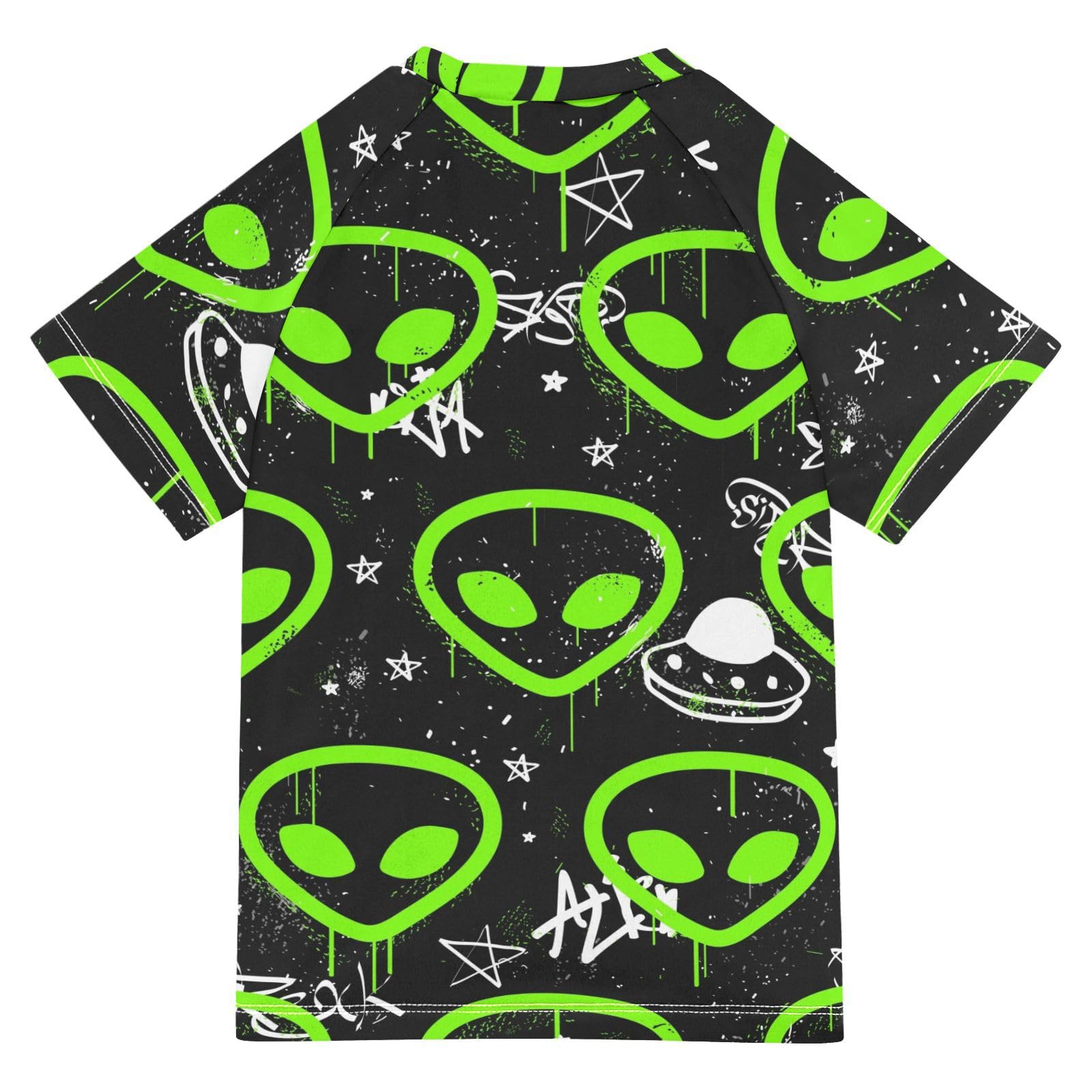 Aflyko Fun Girls' Rash Guard Shirt Alien Doodle Neon Kiddo Fishing Shirt Children Fashion Short Sleeve Swimming Top Soft Comfortable Fit UPF 50+ Everyday Wear, 5-6T