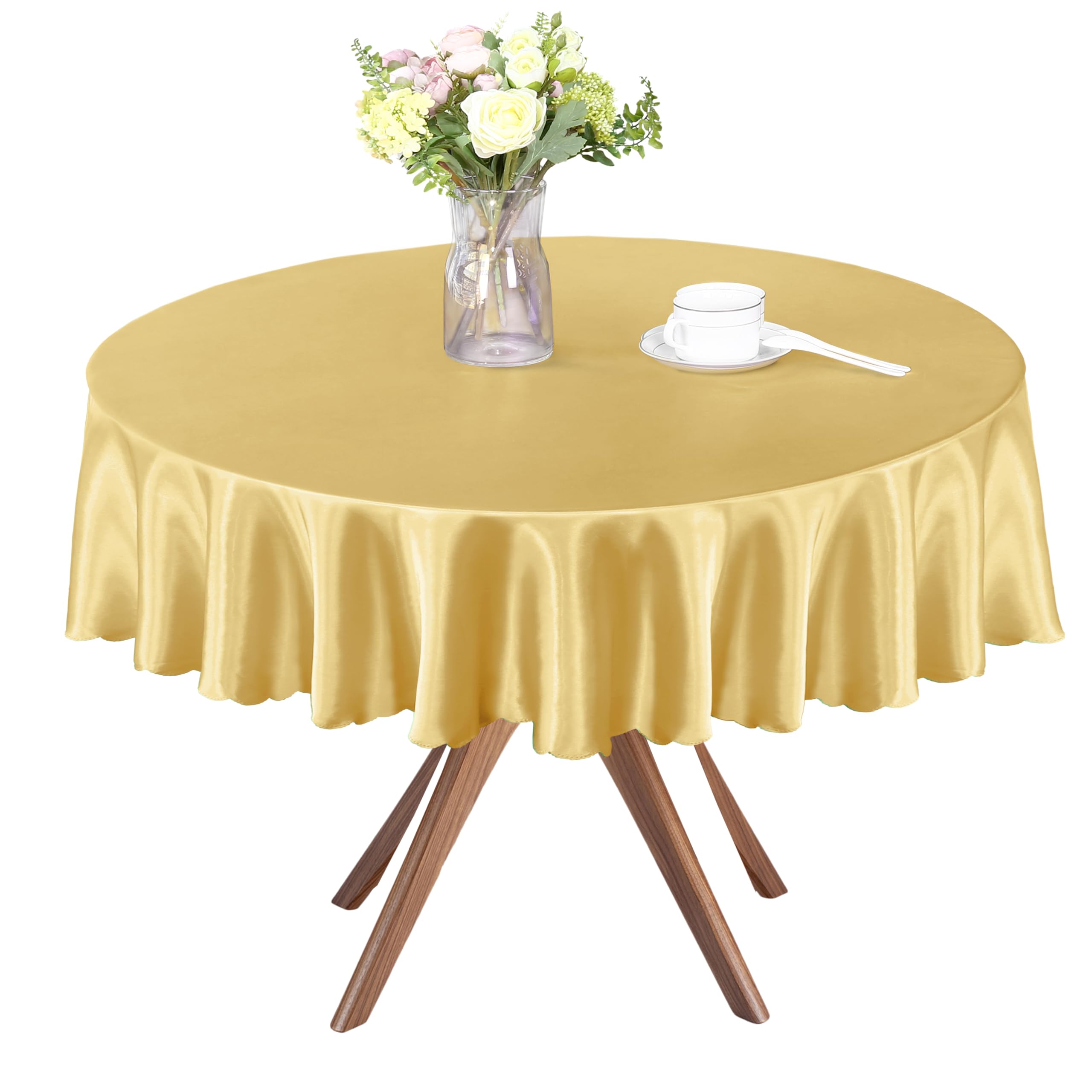 Photo 1 of Homiest 1 Pack 60 Inch / 5ft Round Tablecloth Satin Table Cover, Gold Table Cloth Overlay Bright Table Decorations, Silky Satin Dining Table Cloths for Wedding Reception Graduation Banquet