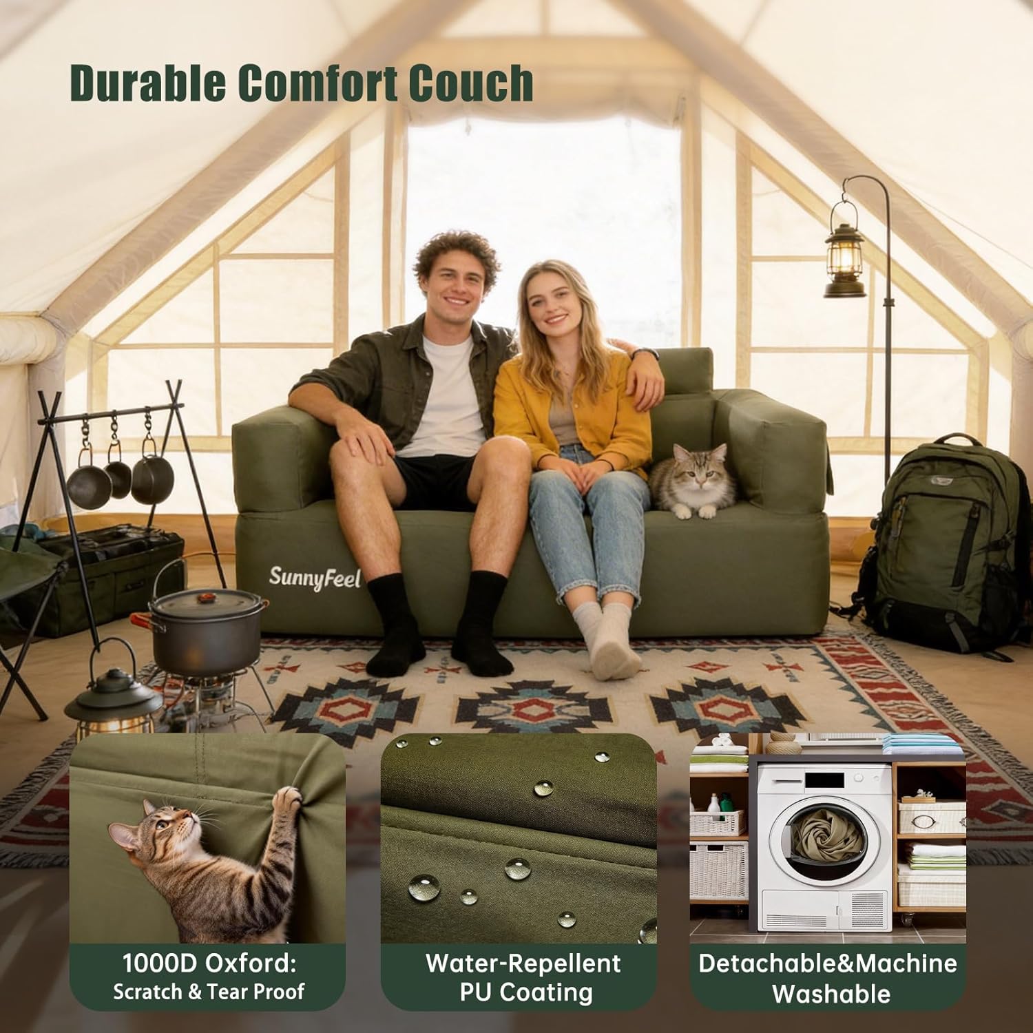 SUNNYFEEL Portable Inflatable Couch with Built-in Pump - Quick Setup 2-3 Person Outdoor Sofa for Camping & Backyard – Waterproof,Heavy-Duty Fabric That Handles Real Adventure,Army Green | Built-in pump, 1000D Oxford, Durable waterproof, PU coating