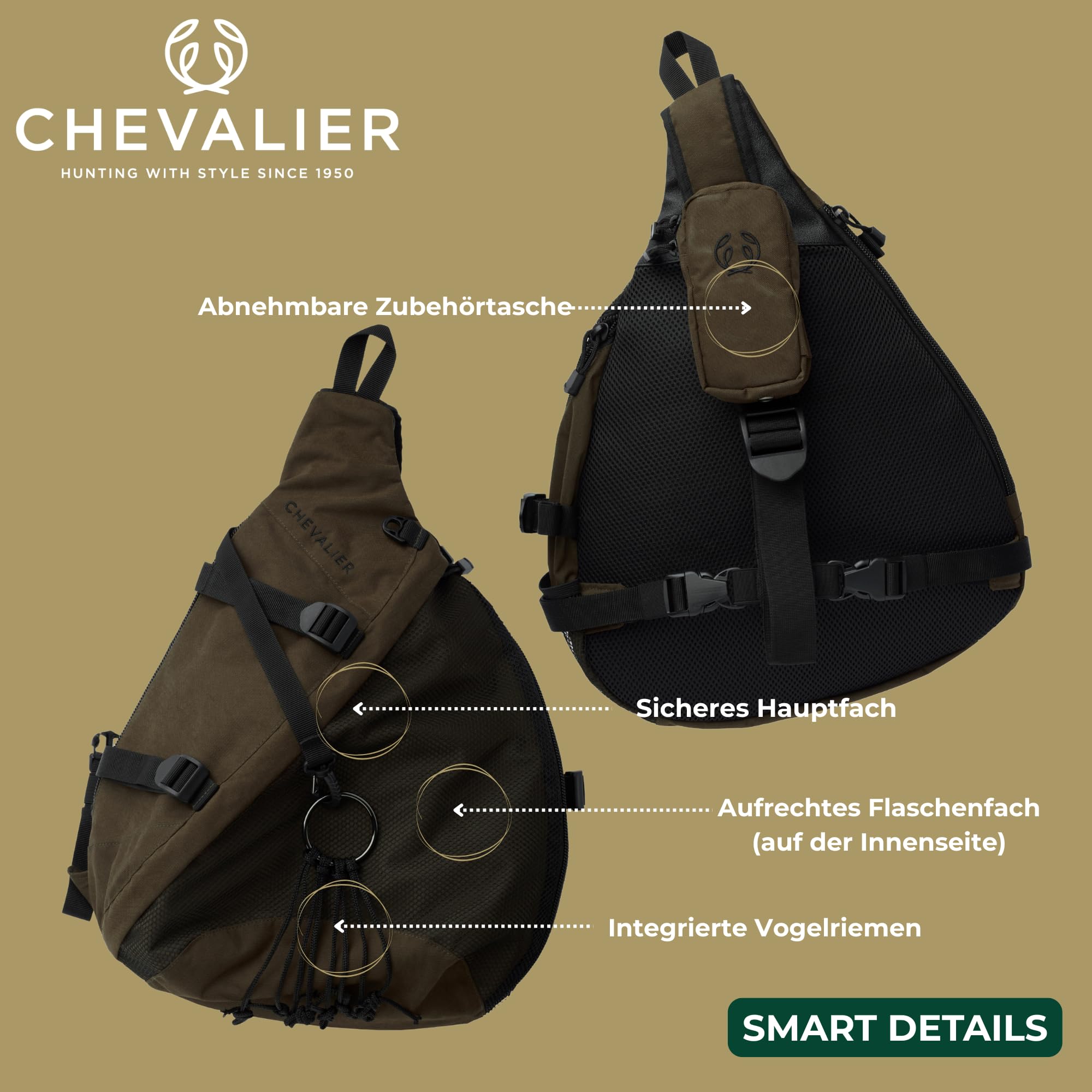 Chevalier Back Pack Wasserabweisender, ergonomischer Jagdrucksack für Rechts- & Linkshänder – Schulter frei für Schuss – Große Fächer, Thermosfach, abnehmbare Taschen & Mesh
