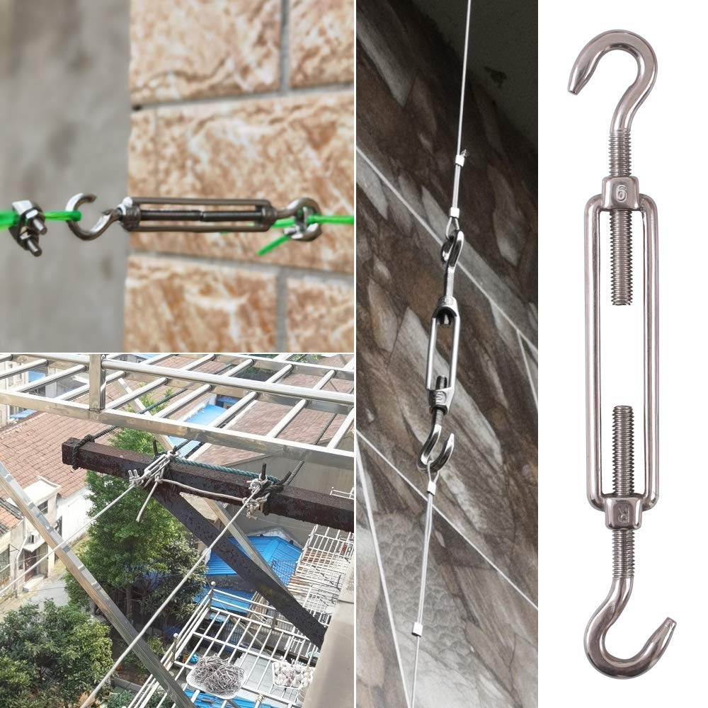 POFET - Lot de 4 tendeurs M10 en acier inoxydable 304 pour câbles métalliques, avec un crochet à chaque extrémité, forte tension, kit d'outils résistants pour tendre les câbles