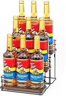 9 Bottle Coffee Syrup Organizer Rack, 3 Tier Coffee Syrup Bottle Stand Holder for Coffee Bar, Installation-free, Liquor Bottle Display Shelf, Coffee Syrup Shelf for Liquor Whiskey Wine Display