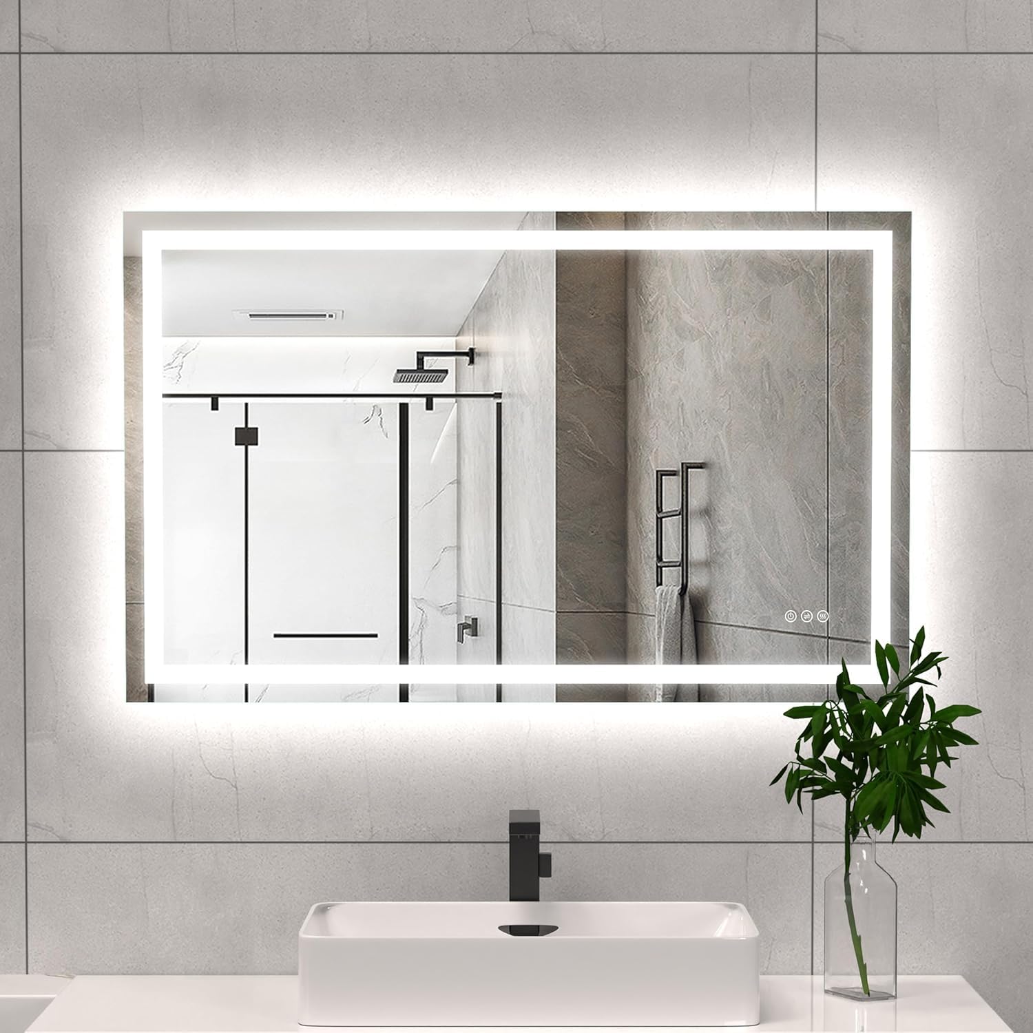 led bathroom mirror light 48x30 inch front & backlit lights vanity mirror, wall mounted anti-fog dimmable led makeup mirror, ip54 3k-6k warm/natural/daylight, tempered glass (horizontal/vertical) ul