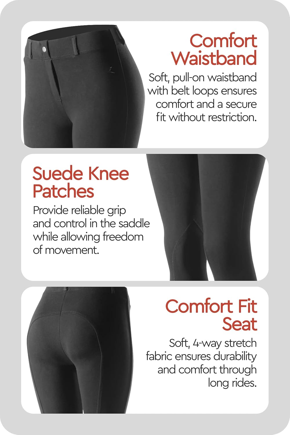 HORZE Ella Women's English Riding Pull-On Schooling Breeches with ALOS Leather Knee Patches | Size Charts in Images - Image 5