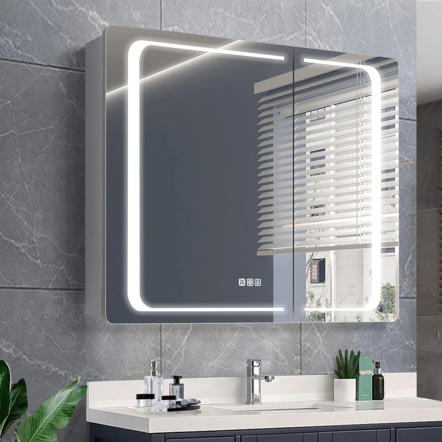 GroGro Rounded Corner Medicine Cabinet with Lights,36" W x 30" H LED Bathroom Medicine Cabinet with Mirror,Surface or Recessed Lighted Medicine Cabinet,Defog,Dimming,3-Color Temper