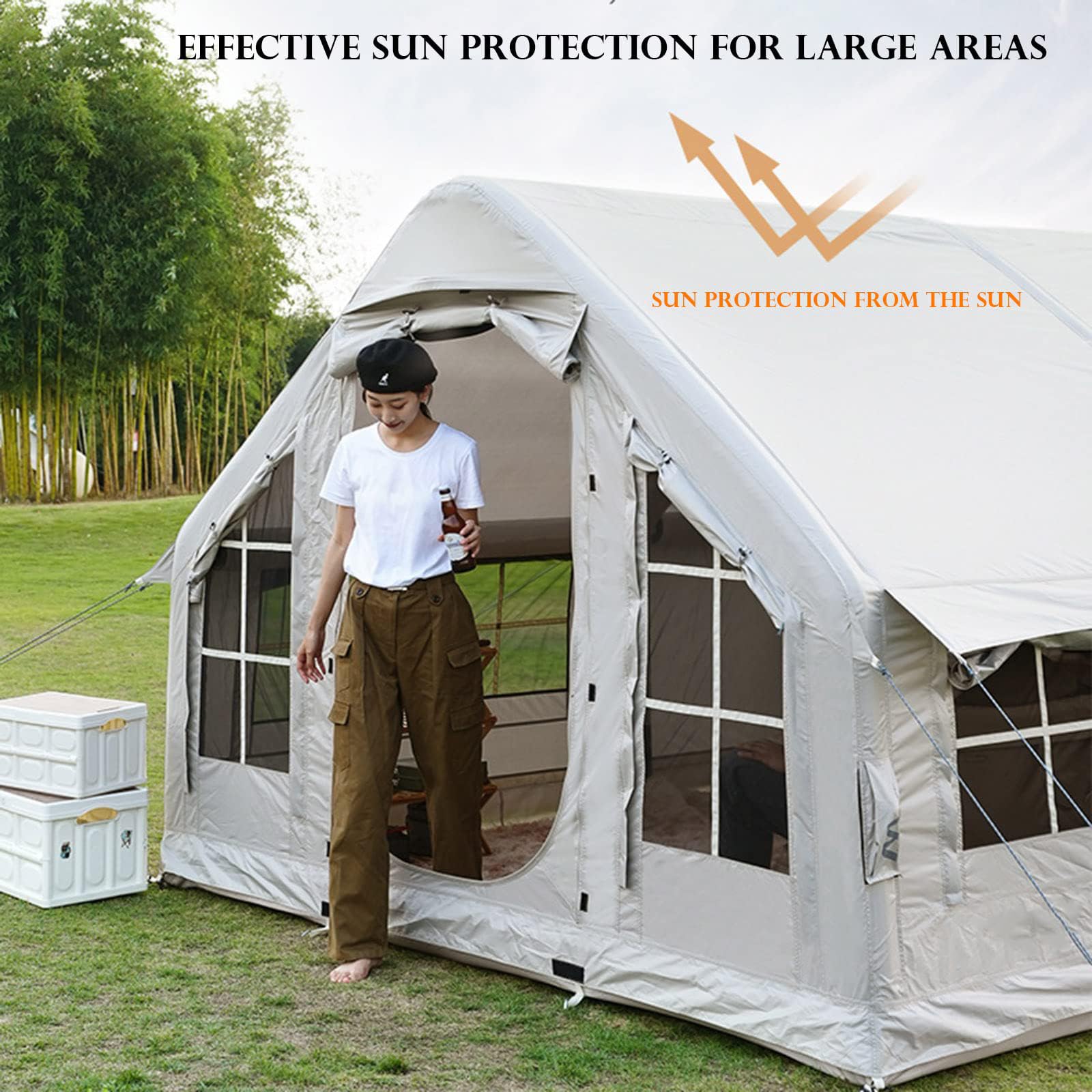 Tenda da campeggio gonfiabile, tenda da campeggio automatica, spazio 10㎡, impermeabile PU2000 mm, colonna d'aria integrata, uscita camino, per 4 stagioni per uso familiare