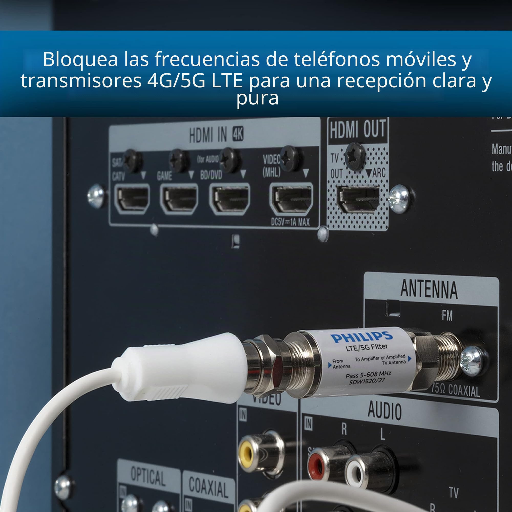 Philips Filtro LTE para Antena de TV, filtra señal 4G 5G LTE para Reducir interferencias y pixilación para recepción de TV Digital HD Clara, Rango de frecuencia 5-608 MHz, instalación en Interiores y