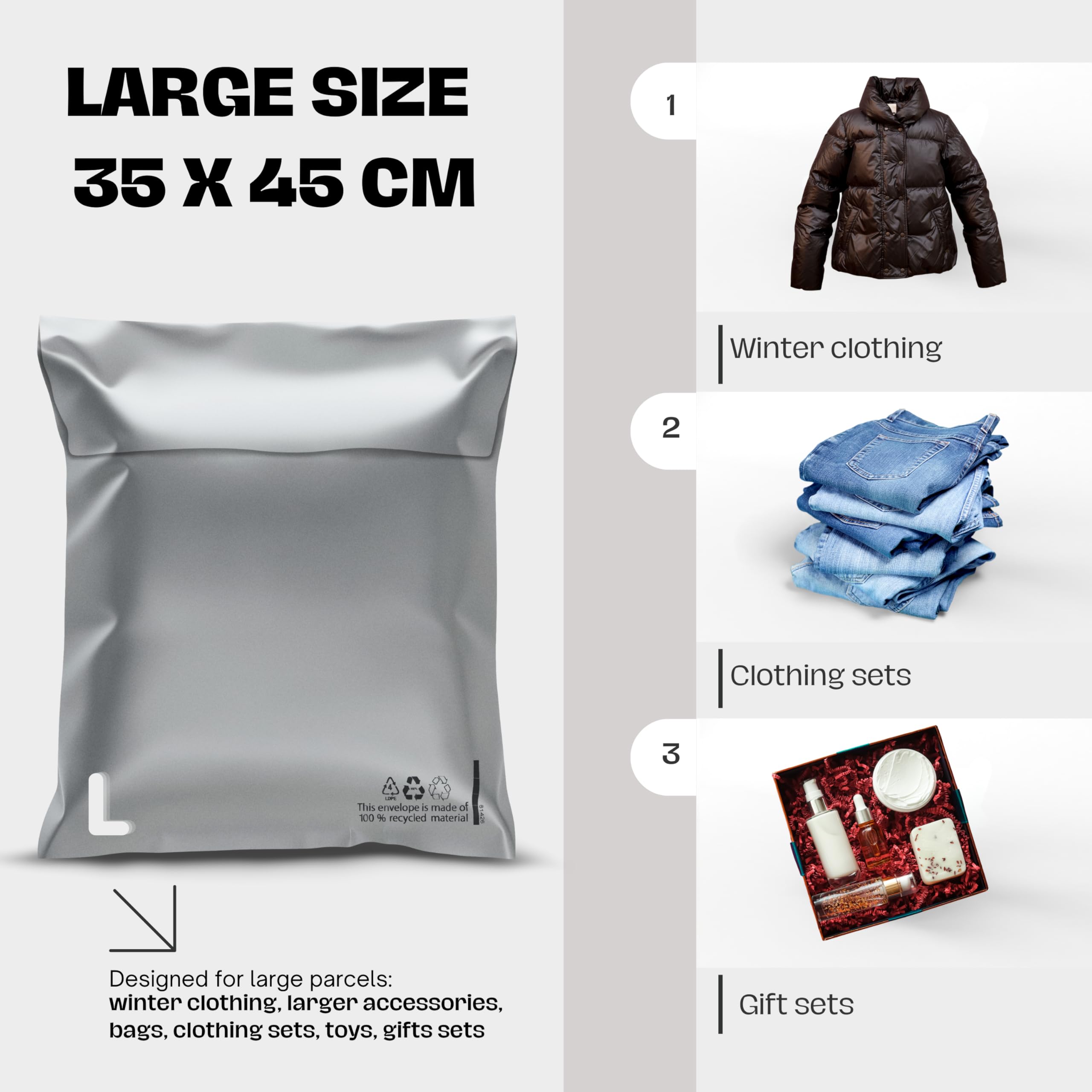 RAGO® Juego de 20 piezas Bolsas de Envío Plástico -L- 35x45 cm Sobres de envío autoadhesivos y opacos I Bolsas de plástico reutilizables para ropa I Embalaje transporte logística