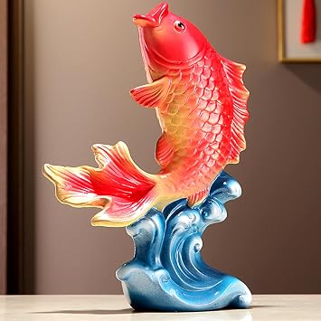 Porcelain Red Fish Wave Figurine Koi Carp Statues Table Sculpture, Ceramic Sea Animal Home Decor, Art Figure Desktop Kitchen Decorations, Ocean Floor Ornaments for Living Room Party Red, ZSPD0147