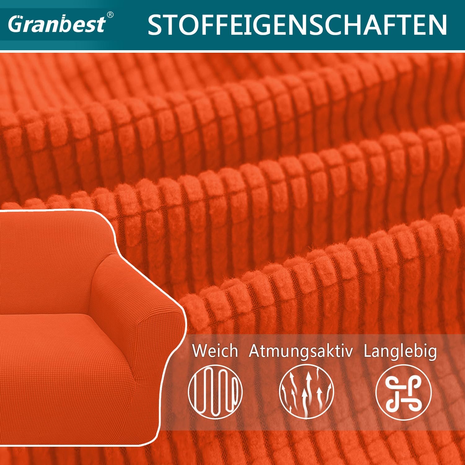 Granbest - Copridivano altamente elasticizzato, moderno, jacquard, per soggiorno, protezione per cani e animali domestici, 4 posti, arancione